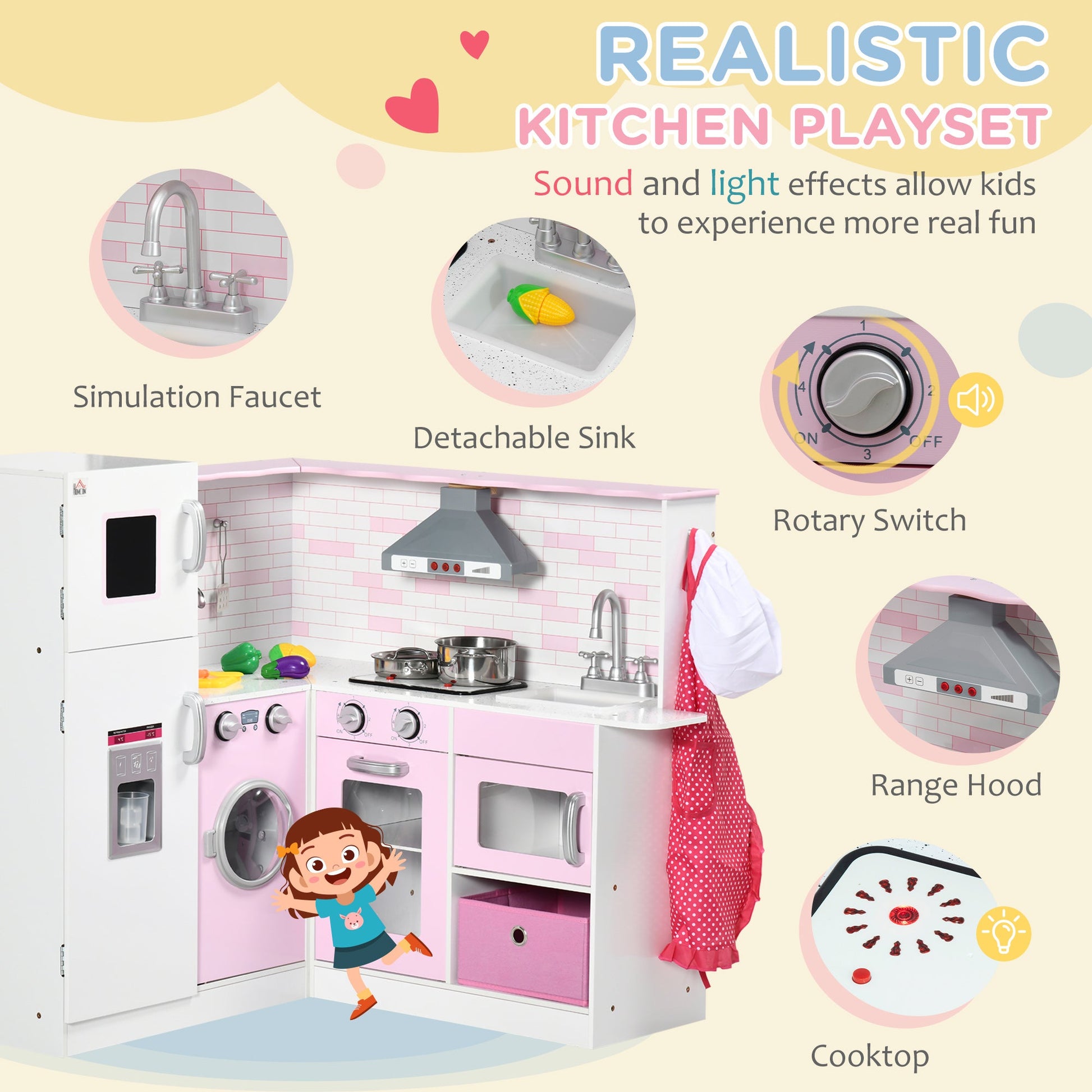 Wooden Kids Kitchen Playset with Light, Sound, Storage, Ice Maker, White Play Kitchen   at Gallery Canada