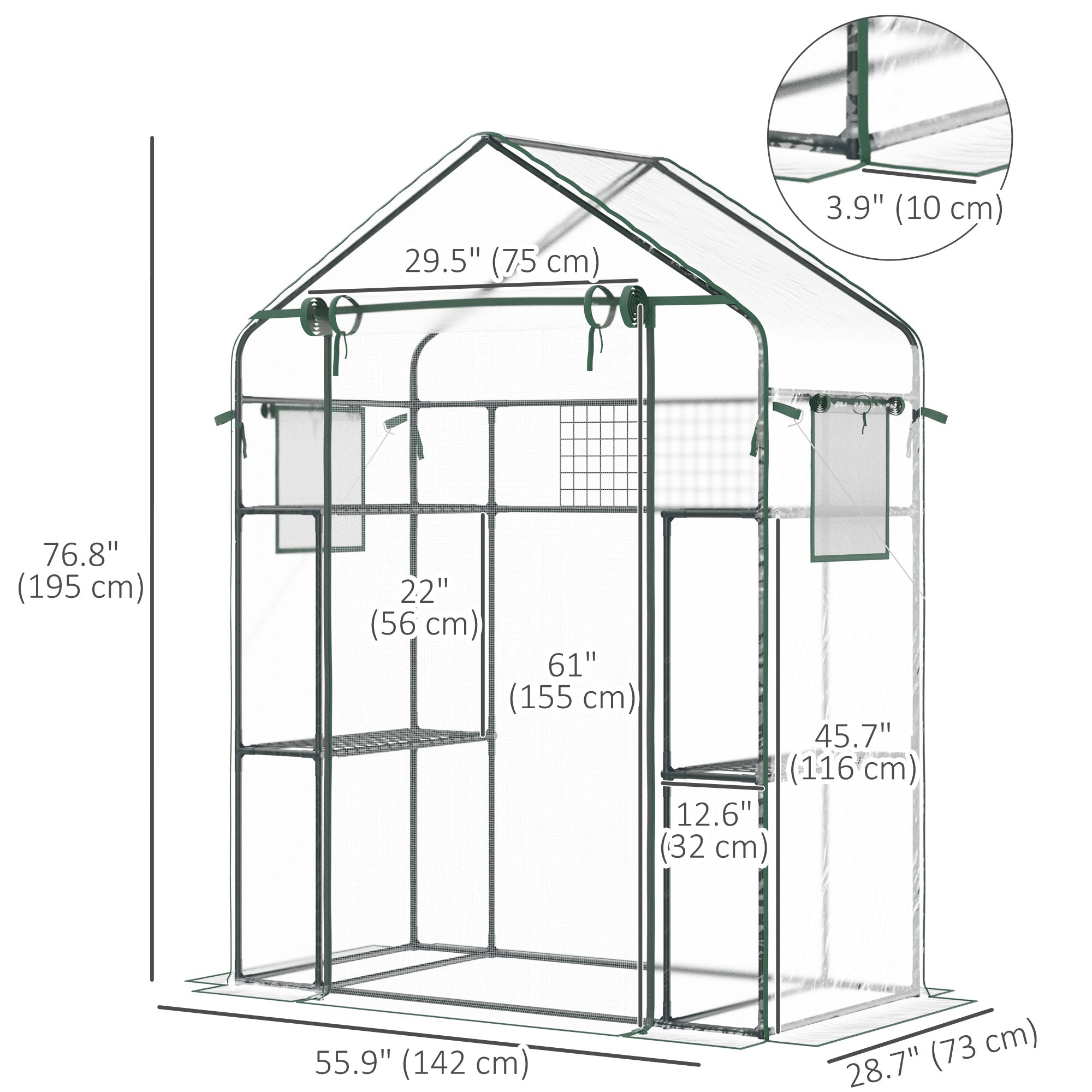 3-Tier Mini Greenhouse, Walk-in Greenhouse, Garden Hot House with 4 Shelves, Roll-Up Door, Mesh Windows, Trellis and Plant Labels, 56