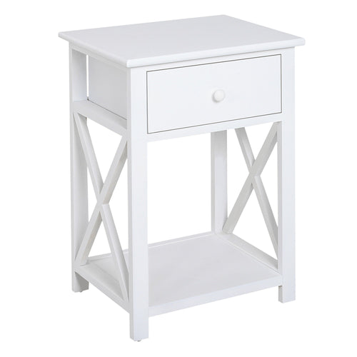 Wooden End Table Bedroom Nightstand Coffee Table Open Cabinet w/ Drawer and Shelf White