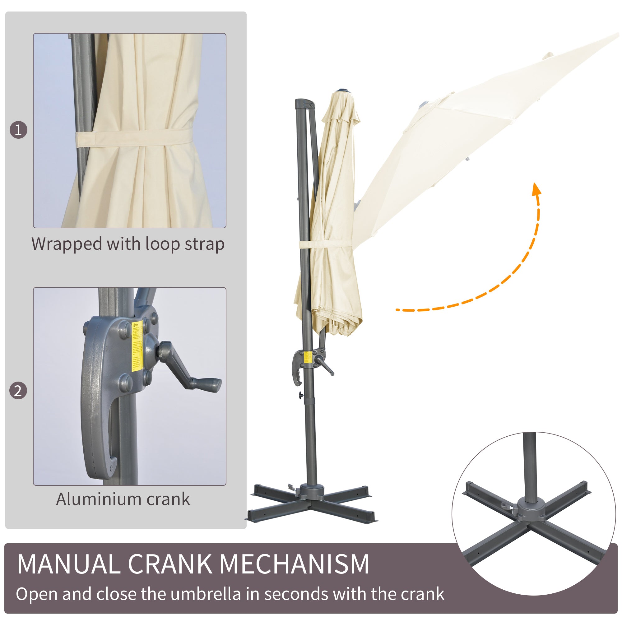 9.6' Cantilever Patio Umbrella Outdoor Hanging Offset Umbrella with Cross Base 360° Rotation Aluminum Poles Cream White Offset Cantilever Umbrellas   at Gallery Canada