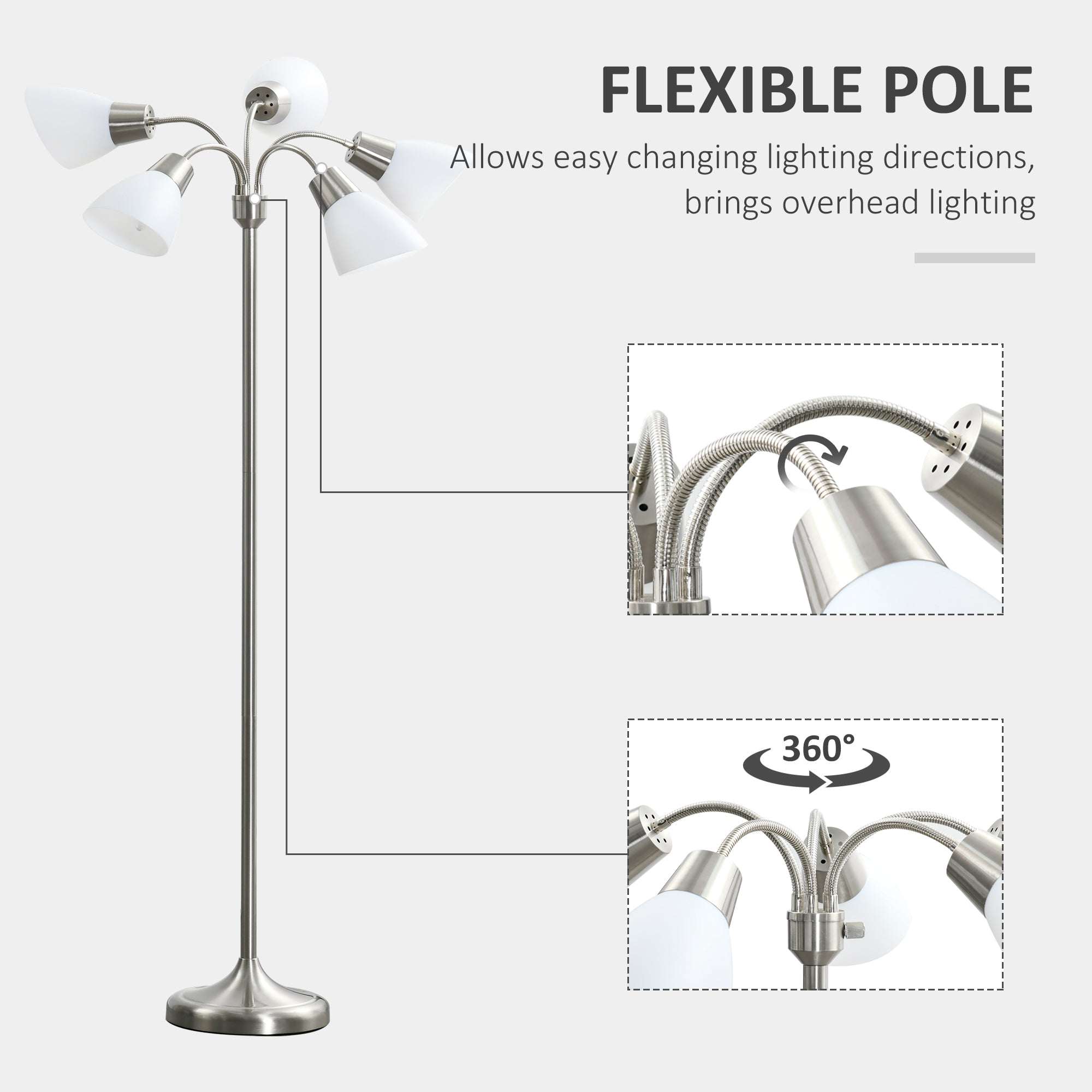 Arc Tree Floor Lamp with 5 Adjustable Rotating Lights, Modern Standing Gooseneck Reading Light for Living Room Bedroom Office, Satin Nickel Floor Lamps & Ceiling Fan Lights at Gallery Canada