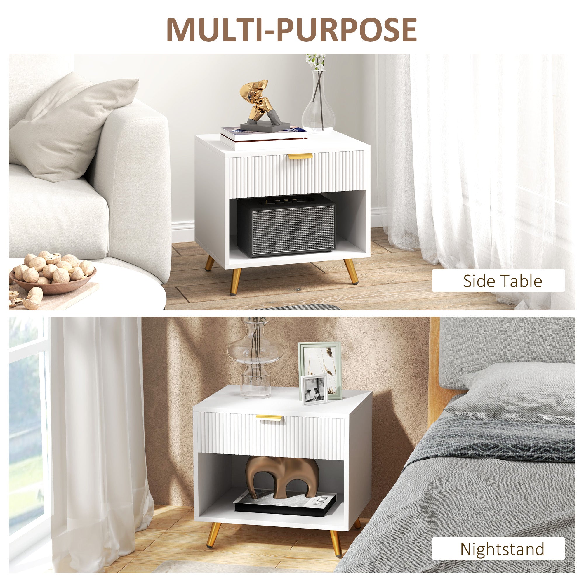 Nightstand with Fluted Panel, Bedside Table with Drawer and Open Compartment, Modern Night Table for Bedroom, White Bedside Tables at Gallery Canada