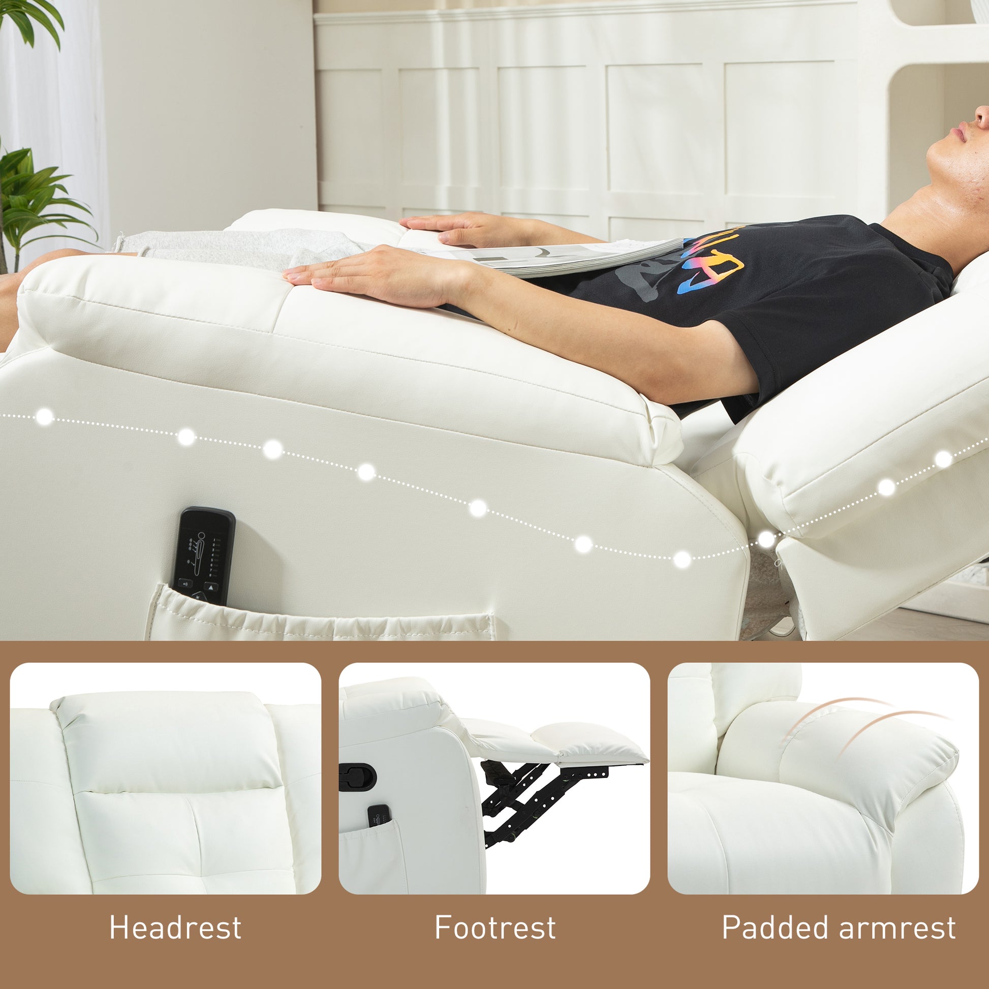 Vibration Massage Recliner, PU Leather Manual Reclining Chair, Rocker, Cream White Single Sofas   at Gallery Canada