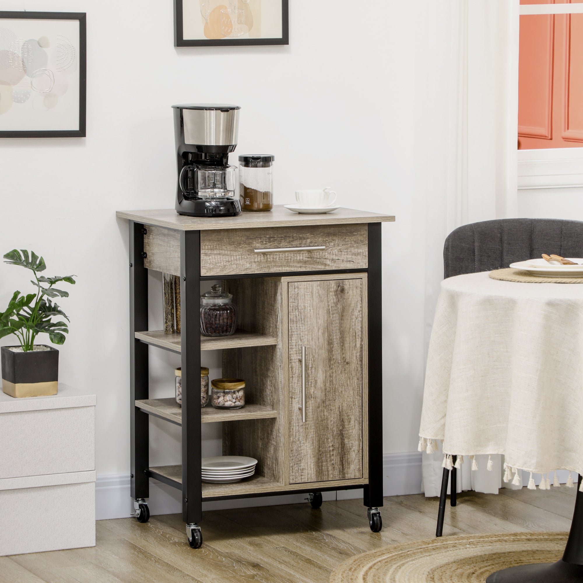 Kitchen Trolley Utility Cart on Wheels with Storage Shelves &; Drawer for Dining Room, Dark Oak Kitchen Islands & Kitchen Carts at Gallery Canada