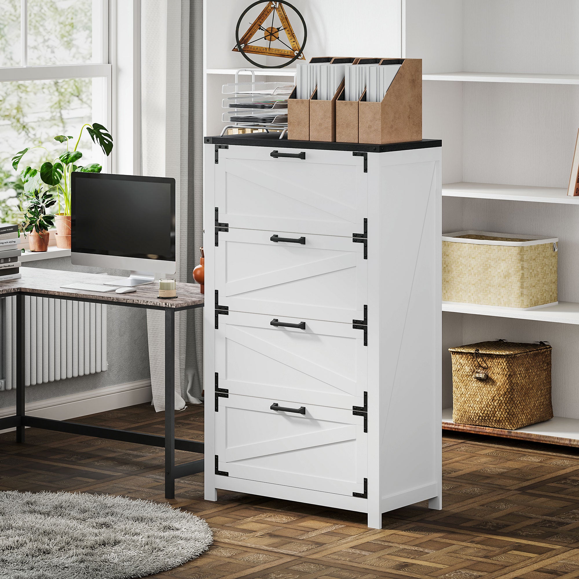 4 Drawer Filing Cabinet, Farmhouse Office Storage Cabinet with Adjustable Hanging Bars for Letter, A4, Legal Size, White Office Cabinets & Cupboards at Gallery Canada