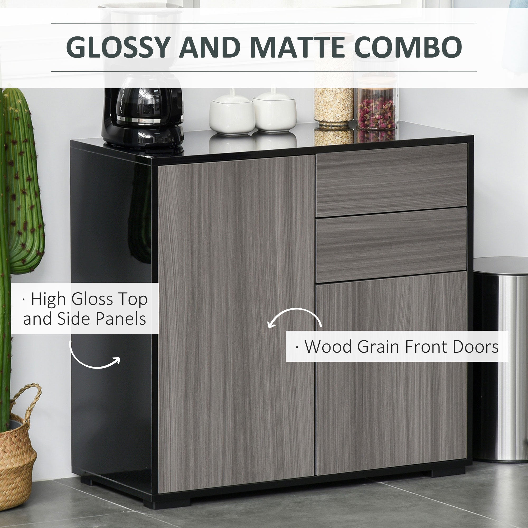 High Gloss Buffet Sideboard with 2 Drawers, 2 Doors and Adjustable Shelf, Kitchen Storage Cabinet with Push Open Design, Grey and Black Bar Cabinets at Gallery Canada