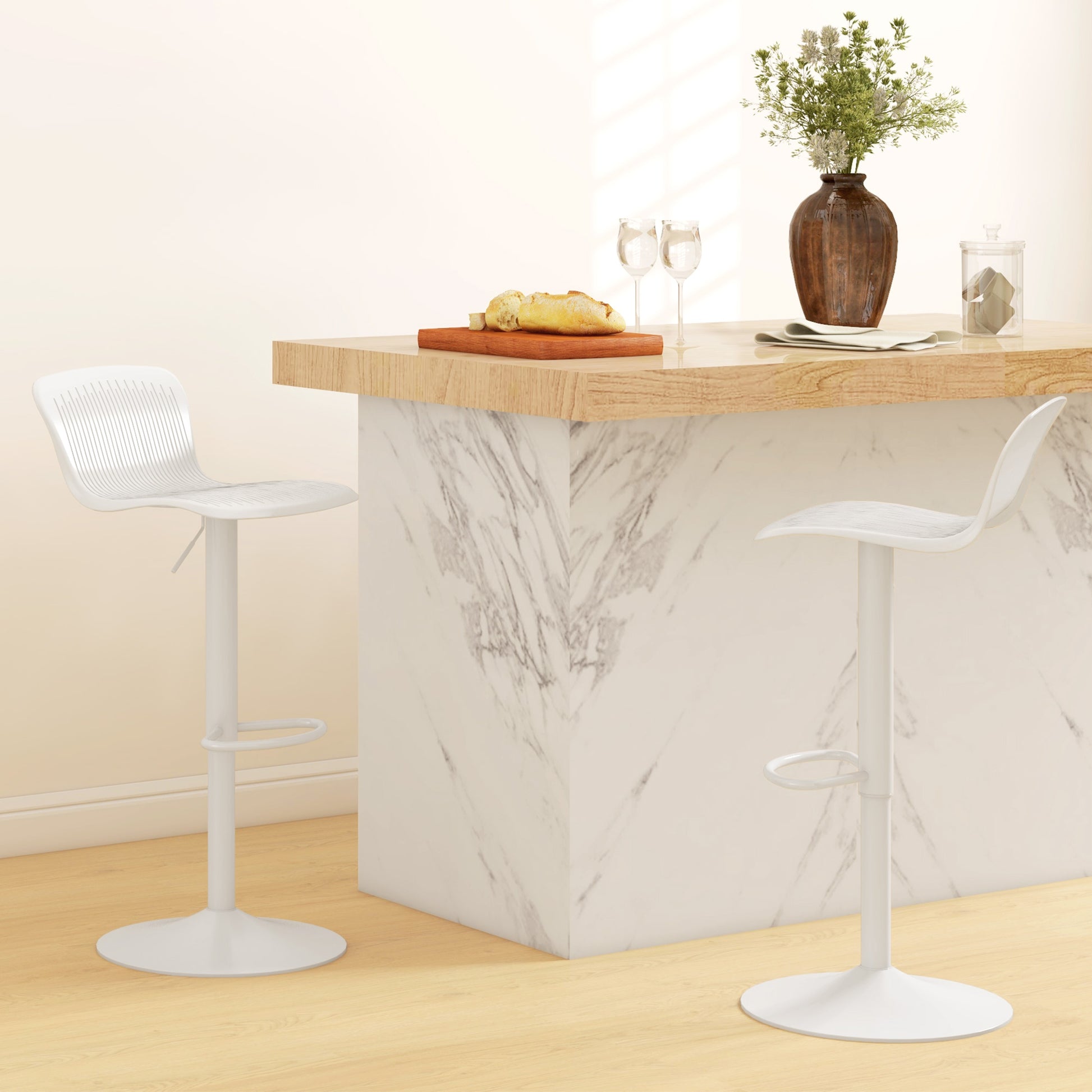 Polypropylene Bar Stools Set of 2, Swivel Barstools with Adjustable Height, Footrest and Backrest, White Bar Stools   at Gallery Canada