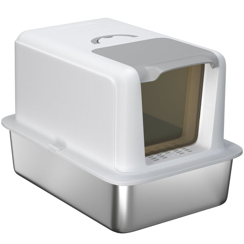 Stainless Steel Cat Litter Box w/ Removable Lid &; Scoop, for Small to Large Cats, Easy to Clean, White
