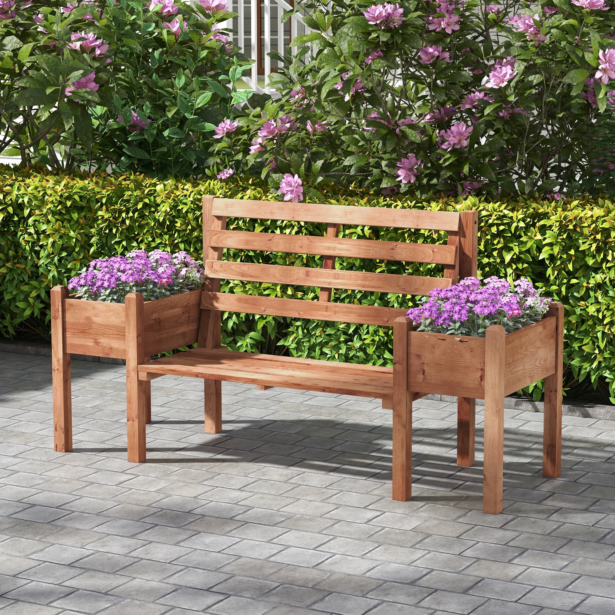 Wood Outdoor Bench with Planter Boxes 2-Seater Garden Bench with Slat Seat and Back Dark Brown Outdoor Benches   at Gallery Canada