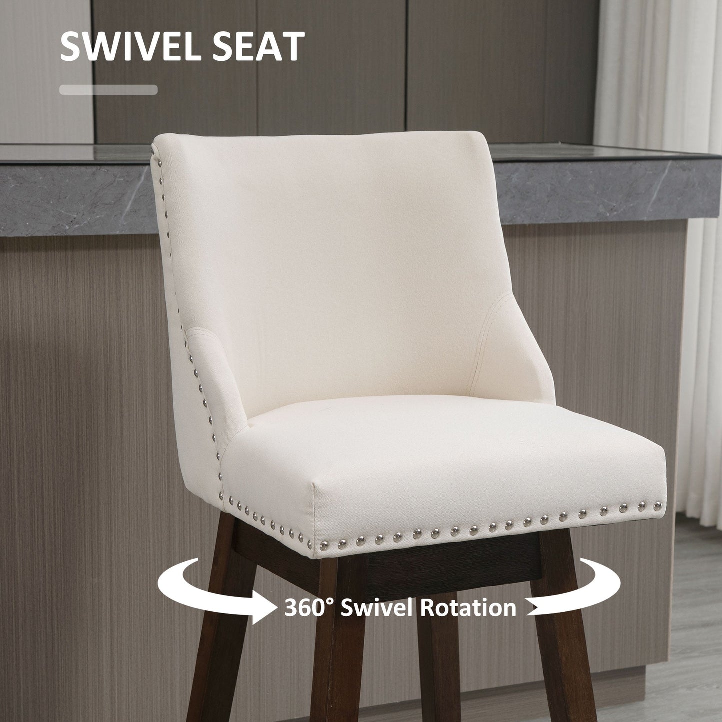 Swivel Bar stool Set of 2 Armless Upholstered Bar Chairs with Nailhead-Trim, Wood Legs, Cream White Bar Stools   at Gallery Canada