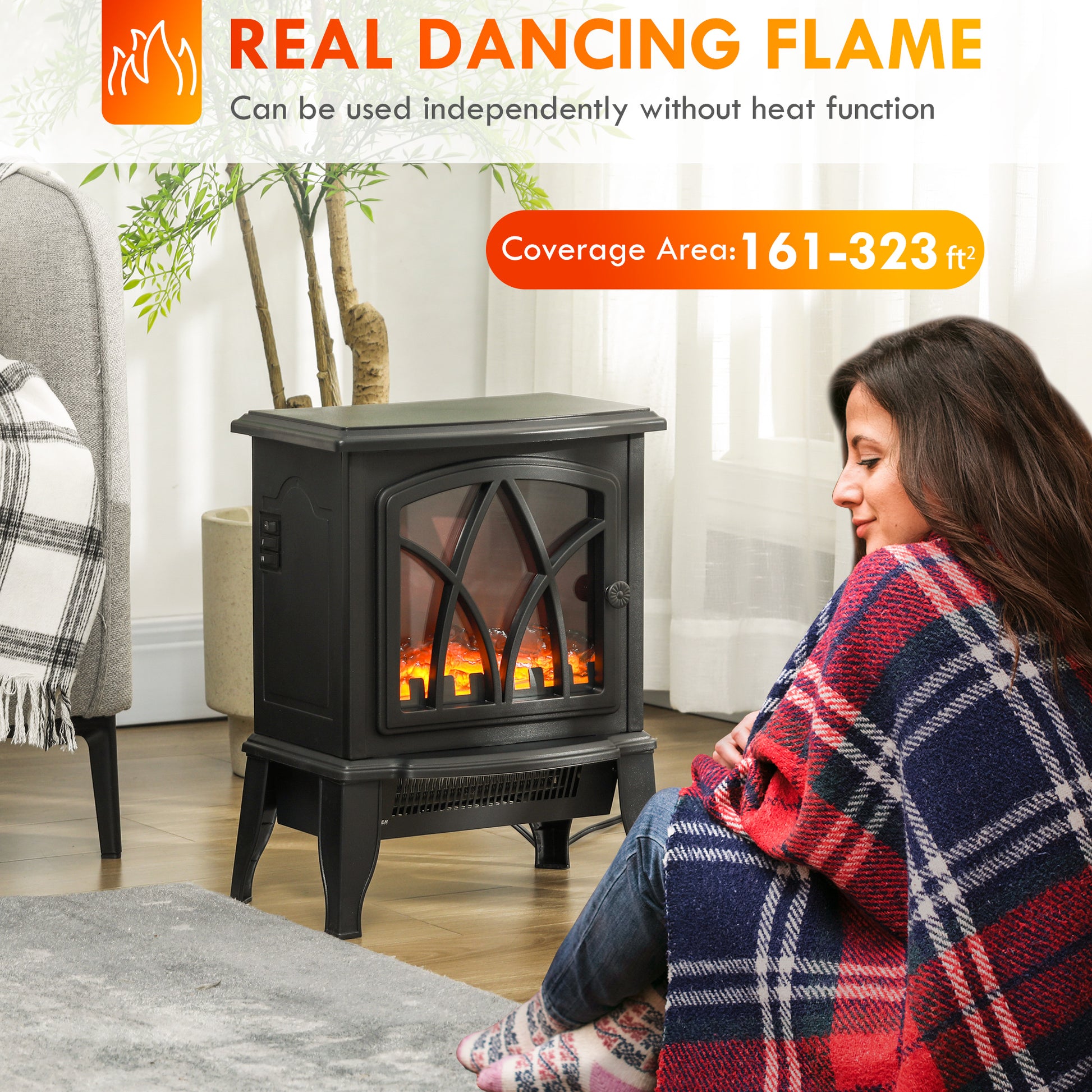 Electric Fireplace Heater, Freestanding Fireplace Stove with Realistic Flame and Overheat Protection, 750W/1500W, Black Electric Fireplaces   at Gallery Canada