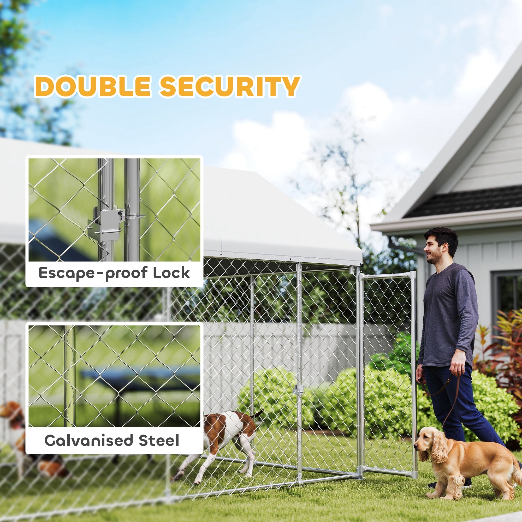 Galvanized Steel Outdoor Dog Kennel with Roof, Safety Lock, for Backyard, 13.1' x 7.5' x 7.8' Houses, Kennels & Pens at Gallery Canada
