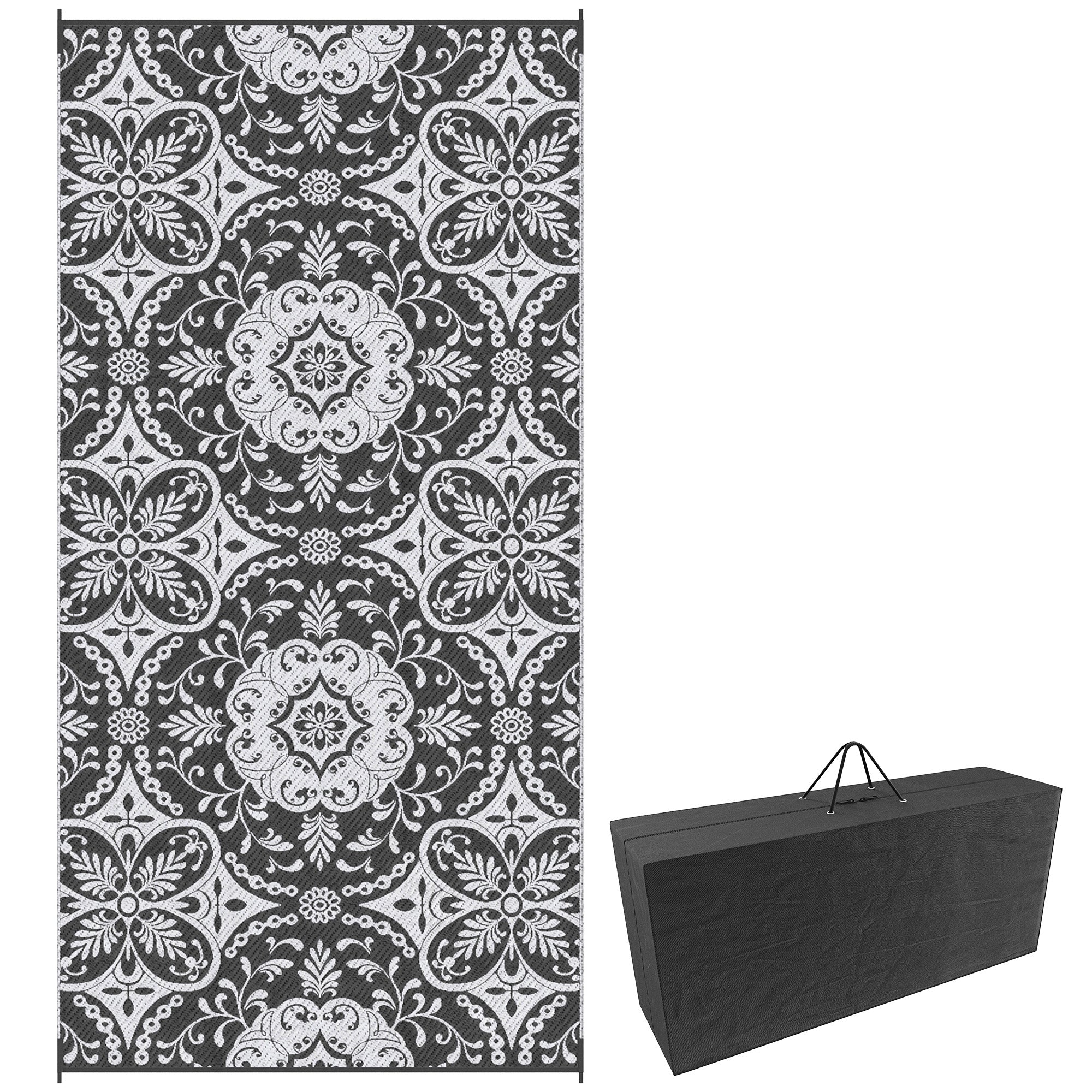 Portable Outdoor Rug with Carry Bag, 9' x 18' Reversible Mat, Waterproof Plastic Straw RV Rug for Backyard, Deck, Picnic, Beach, Camping, Gray &; White Flower Outdoor Reversible Rugs Gray, White at Gallery Canada