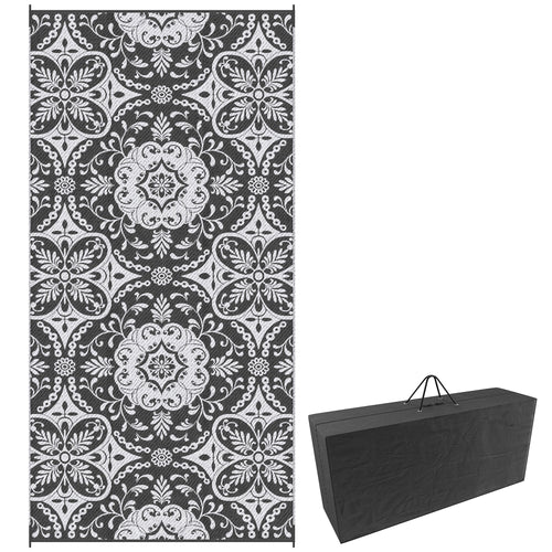 Portable Outdoor Rug with Carry Bag, 9' x 18' Reversible Mat, Waterproof Plastic Straw RV Rug for Backyard, Deck, Picnic, Beach, Camping, Gray &; White Flower