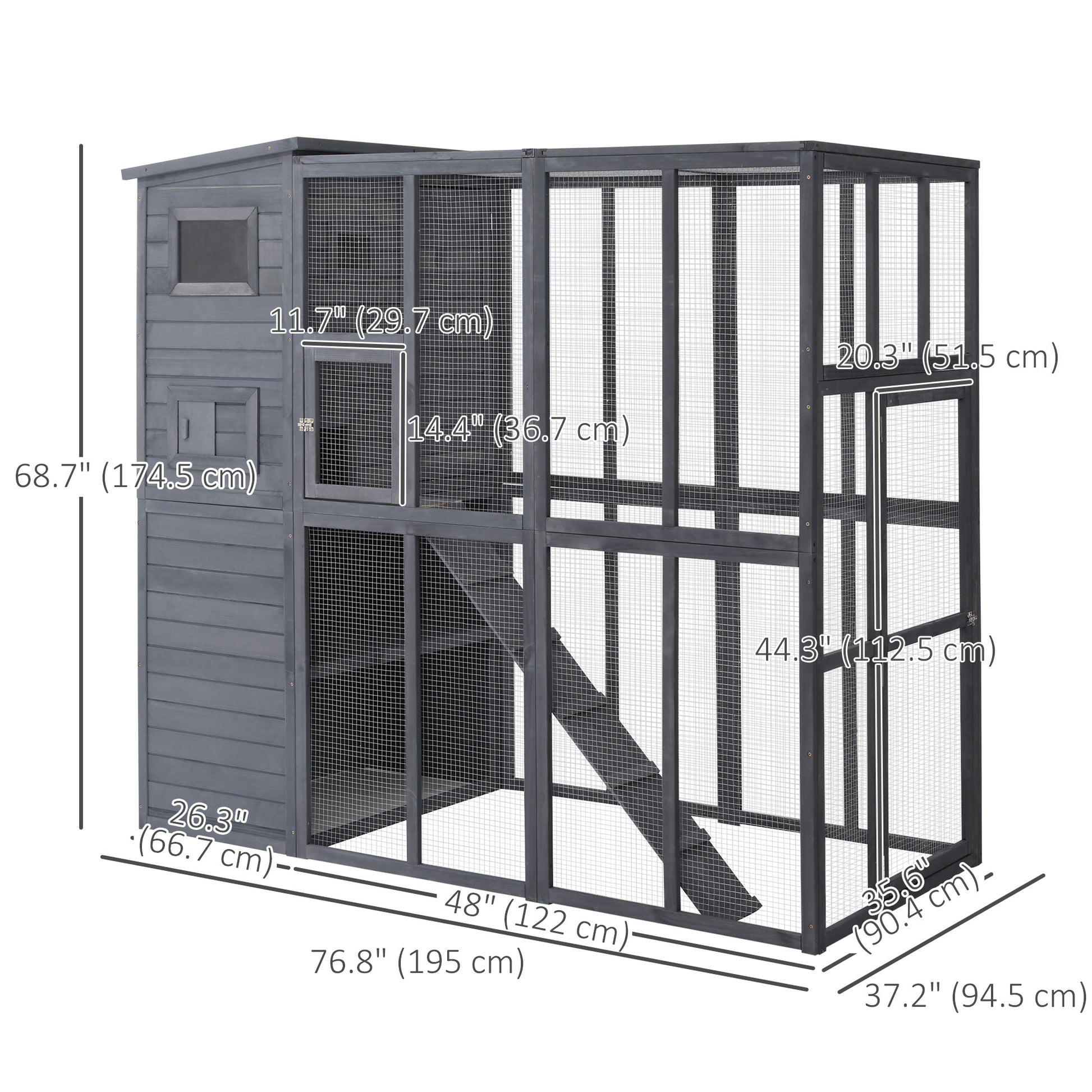 Outdoor Wooden Cotia with 4 Tier Main House, Ramp, Platforms, Asphalt Roof, Ramps, Sliding Door, Window, Gray Outdoor Cat Enclosures   at Gallery Canada