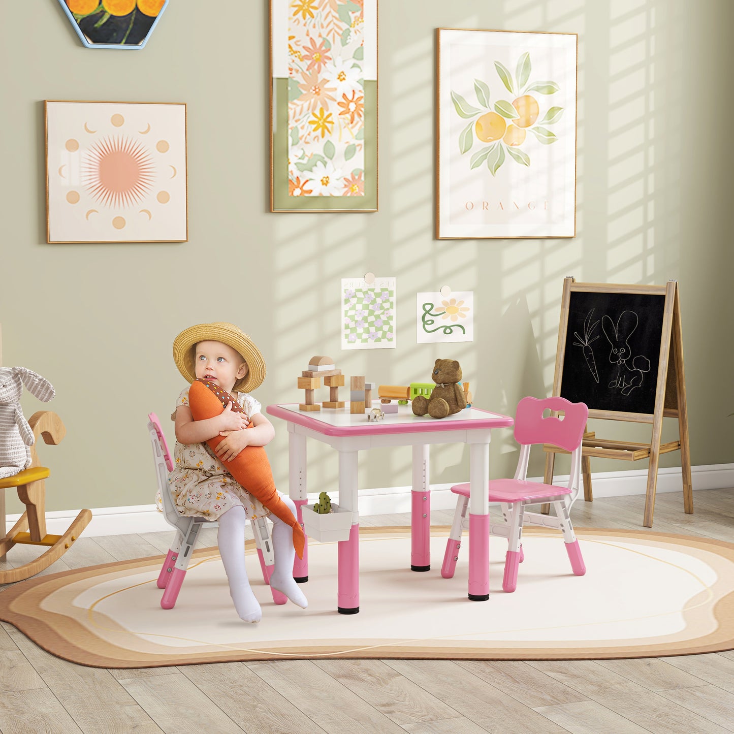 3 Pieces Toddler Table and Chair Set, Height Adjustable Kids Table and Chair Set w/ Storage, for Playroom Pink Kids Table Sets Multi Colour  at Gallery Canada