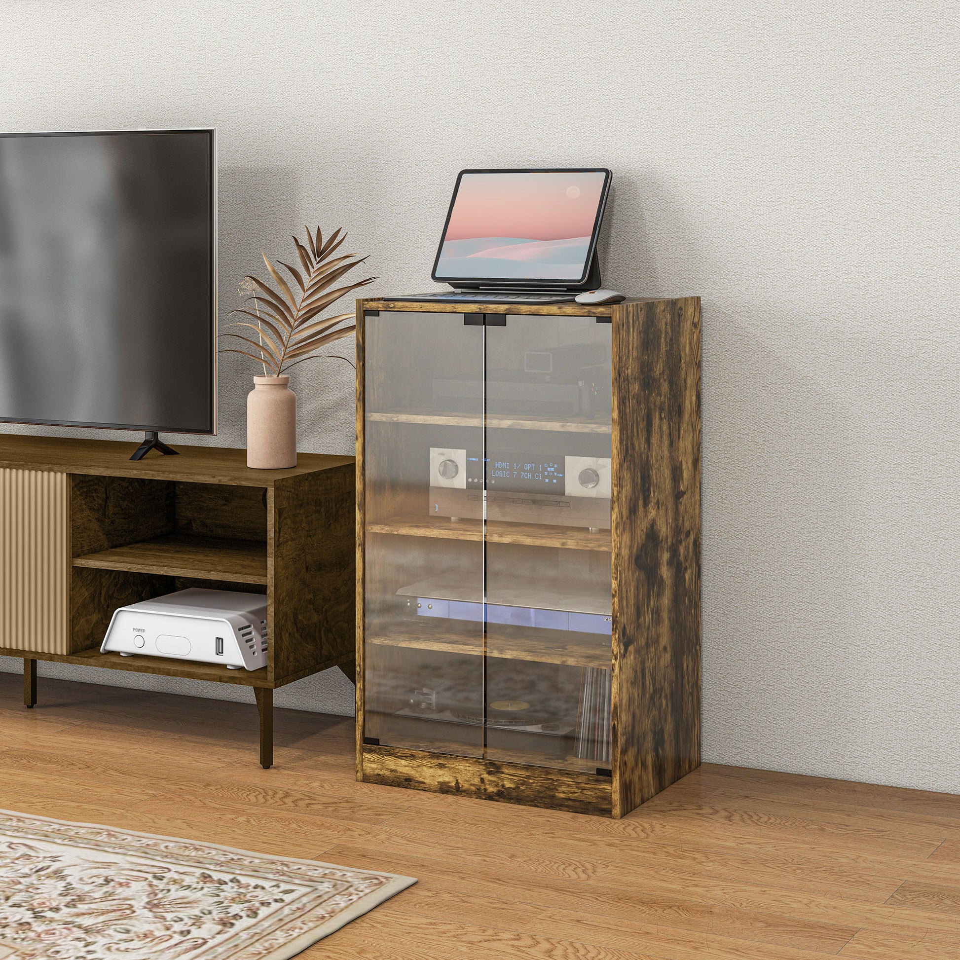 5-Tier Media Cabinet, Media Stand with Adjustable Shelves, Tempered Glass Doors, and Cable Management, Rustic Brown Storage Cabinets   at Gallery Canada