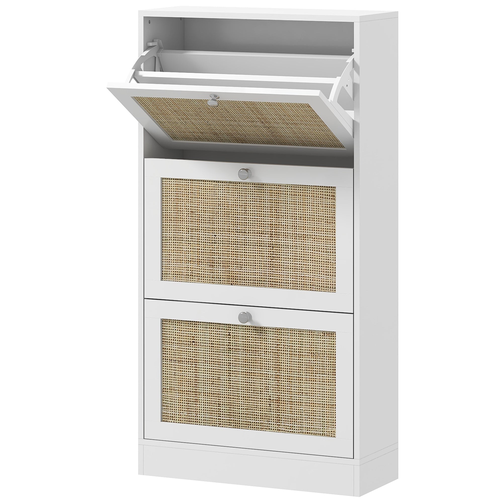 Rattan Shoe Storage Cabinet with 3 Flip Drawers and Adjustable Shelves, Entryway Shoe Cabinet for 18 Pairs, White Shoe Storage Cabinets & Racks   at Gallery Canada