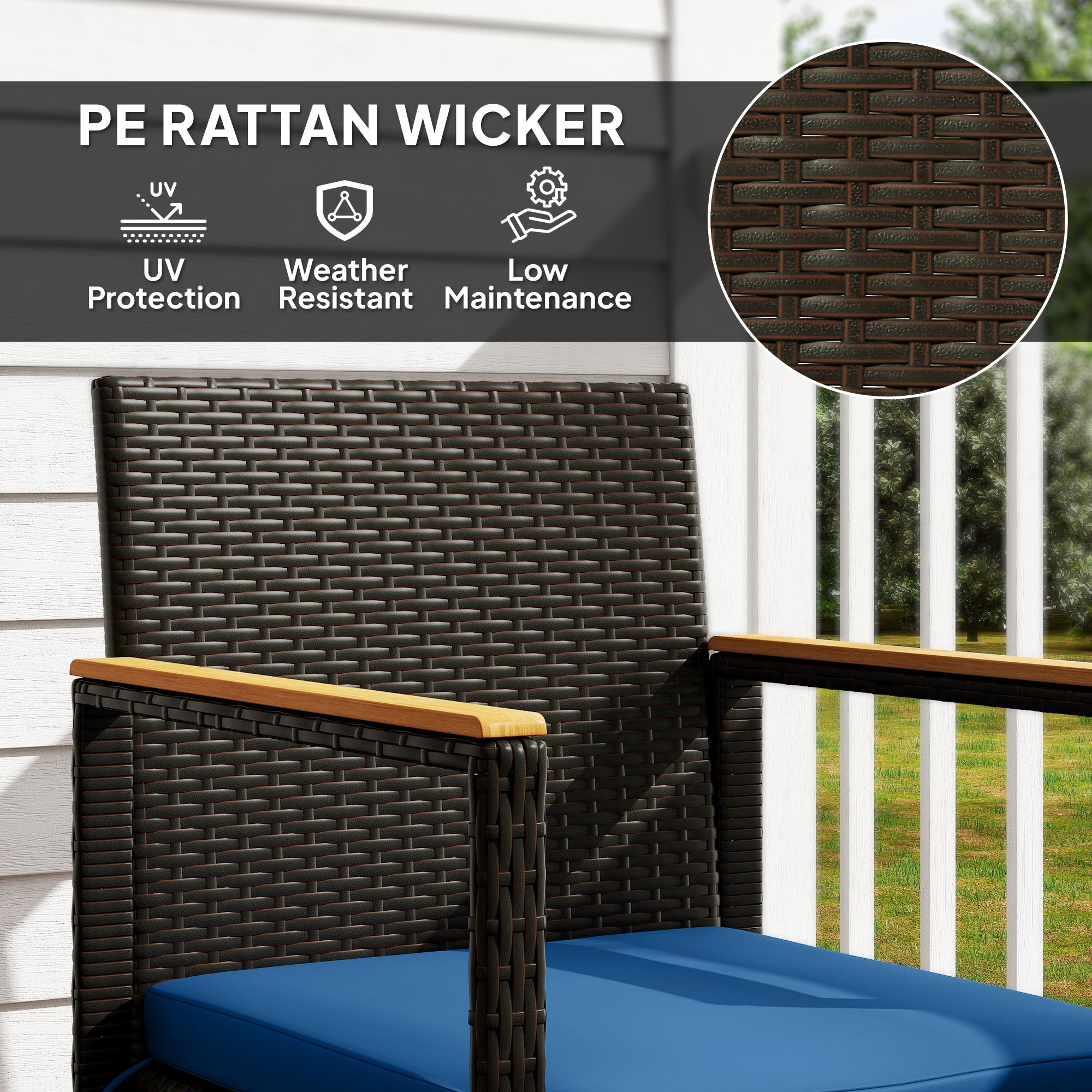 3 Pieces Wicker Patio Furniture Set, Rattan Bistro Set w/ Acacia Wood Table &; Removable Cushions, Dark Blue Bistro Sets at Gallery Canada