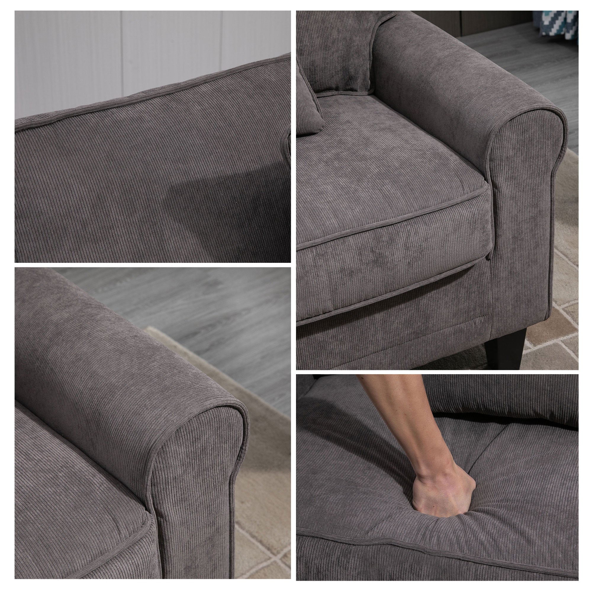 Modern 3 Seater Sofa, Corduroy Fabric 3 Seater Couch with Pine Wood Legs and Rolled Armrests for Living Room, Light Grey 3-Seater Sofas at Gallery Canada