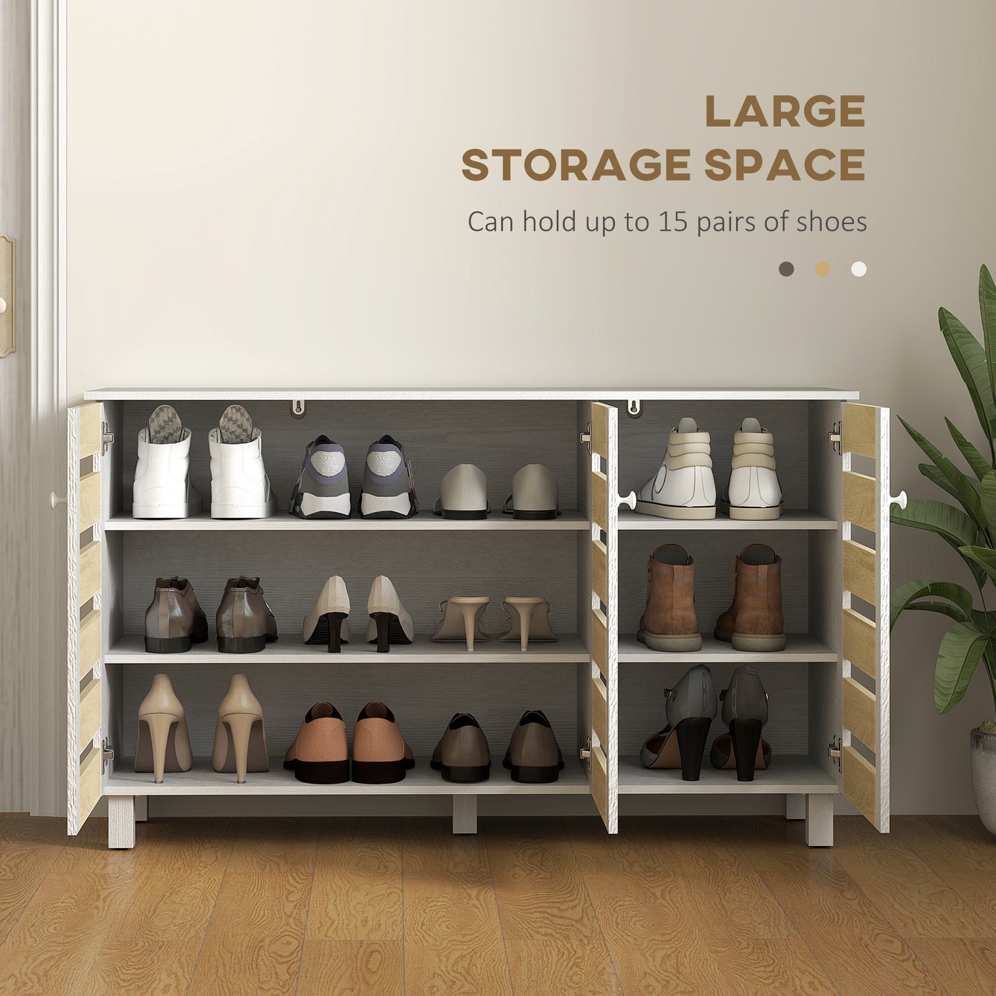 Shoe Cabinet with 3 Slatted Doors, 3-tier Shelving Rack Cabinet with Adjustable Shelves for 15 Pairs of Shoes, White Shoe Storage Cabinets & Racks   at Gallery Canada