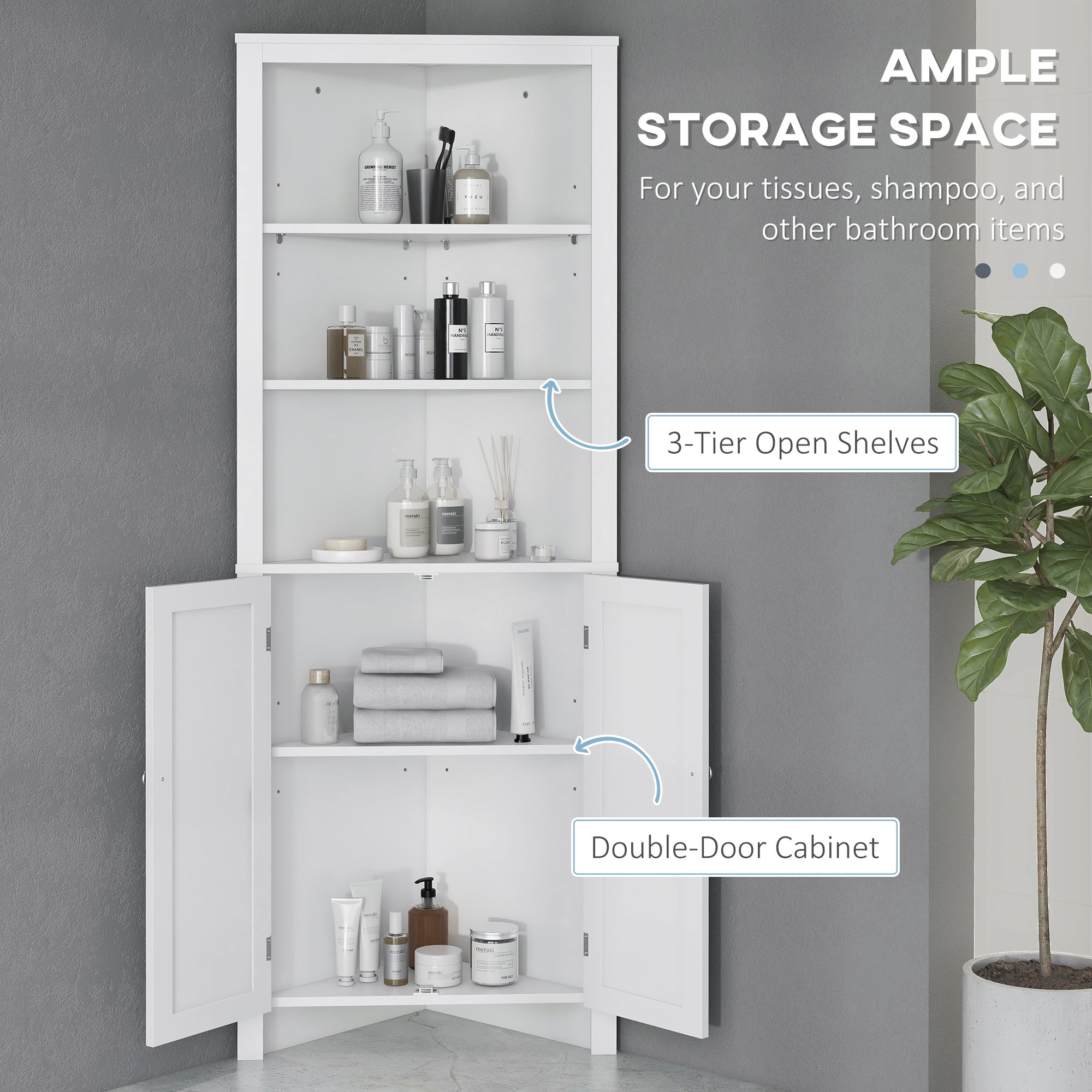 Tall Bathroom Storage Cabinet, Corner Cabinet with Doors, Linen Cabinet with Doors and 3-Tier Shelves, White Bathroom Cabinets   at Gallery Canada