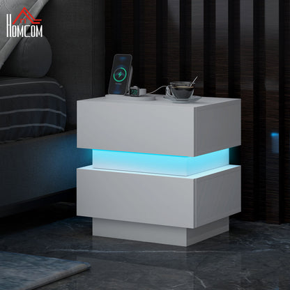 Bedside Table with Charging Station and LED Light Modern Nightstand with USB Ports AC Outlets Drawers Remote, White Bedside Tables White  at Gallery Canada