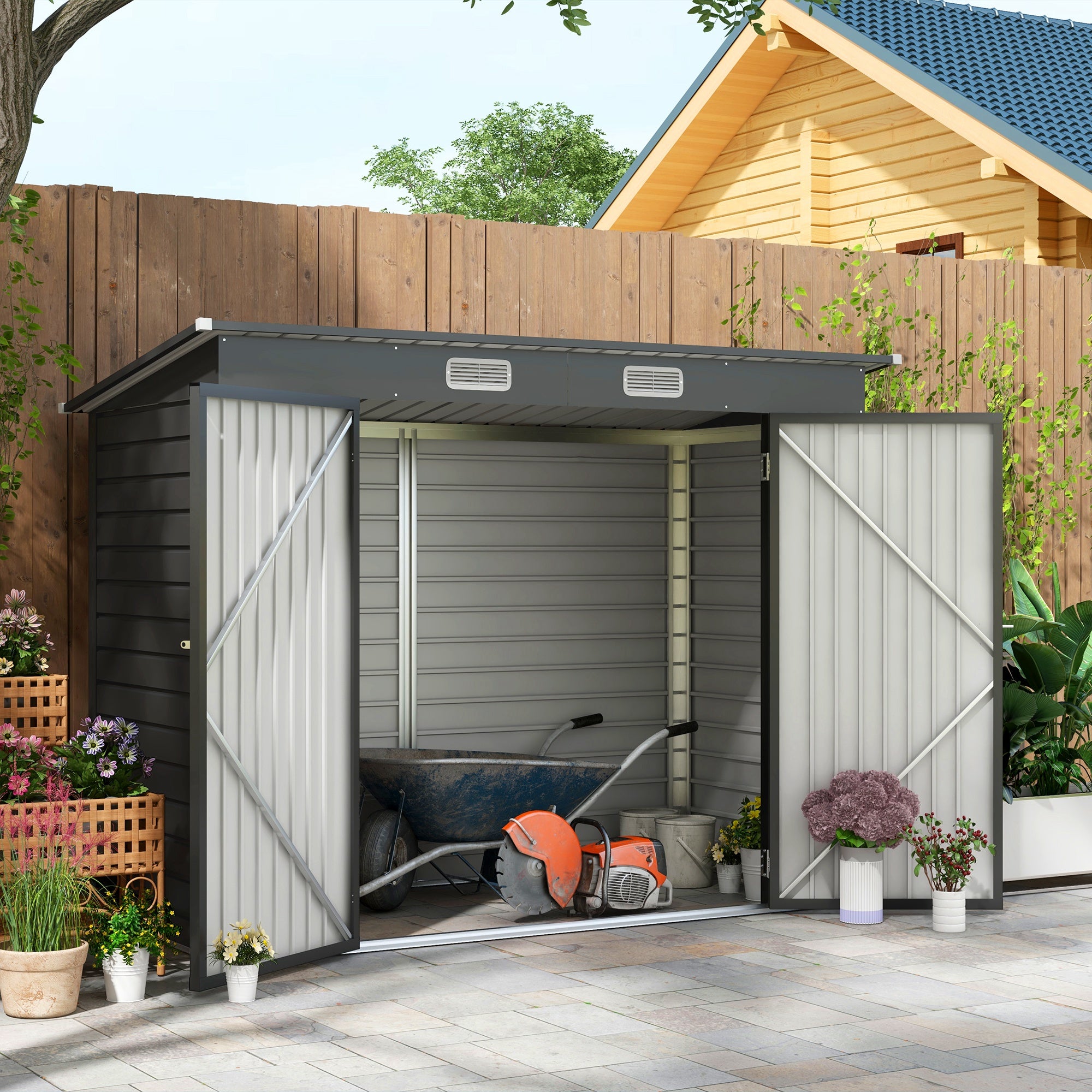 8 x 4FT Galvanized Garden Storage Shed, Metal Outdoor Shed with Double Doors and 2 Vents, Grey Sheds   at Gallery Canada