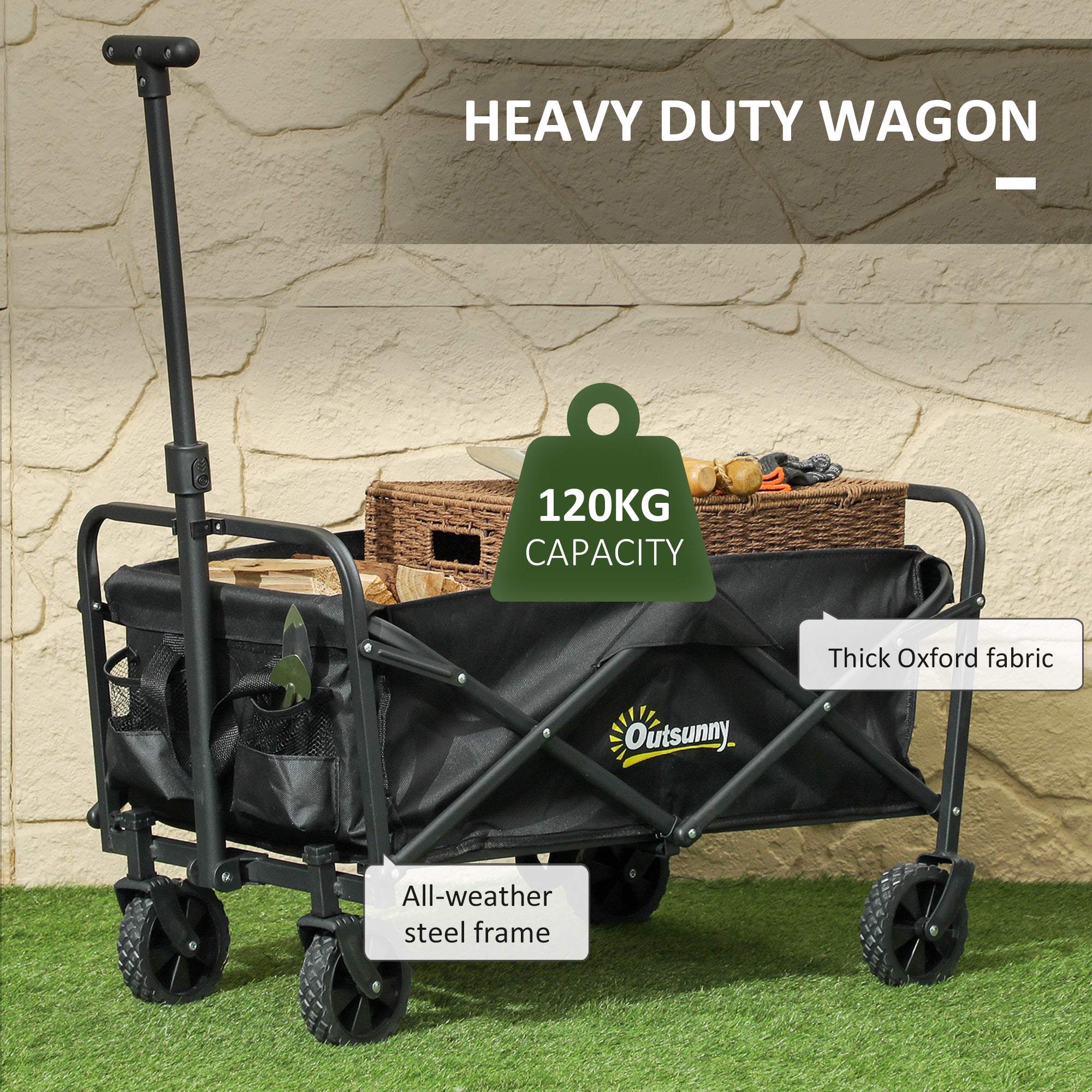 Collapsible Folding Garden Cart, Heavy Duty Lawn Wagon with Universal Wheels and Adjustable Handle, Black Folding Garden Carts at Gallery Canada
