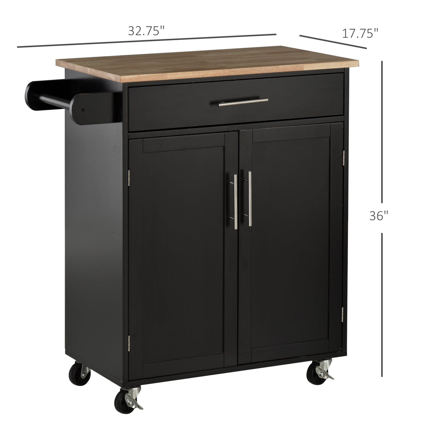 Wood Top Rolling Kitchen Island Cart with Storage Drawers and Towel Rack, Black Kitchen Islands & Kitchen Carts   at Gallery Canada