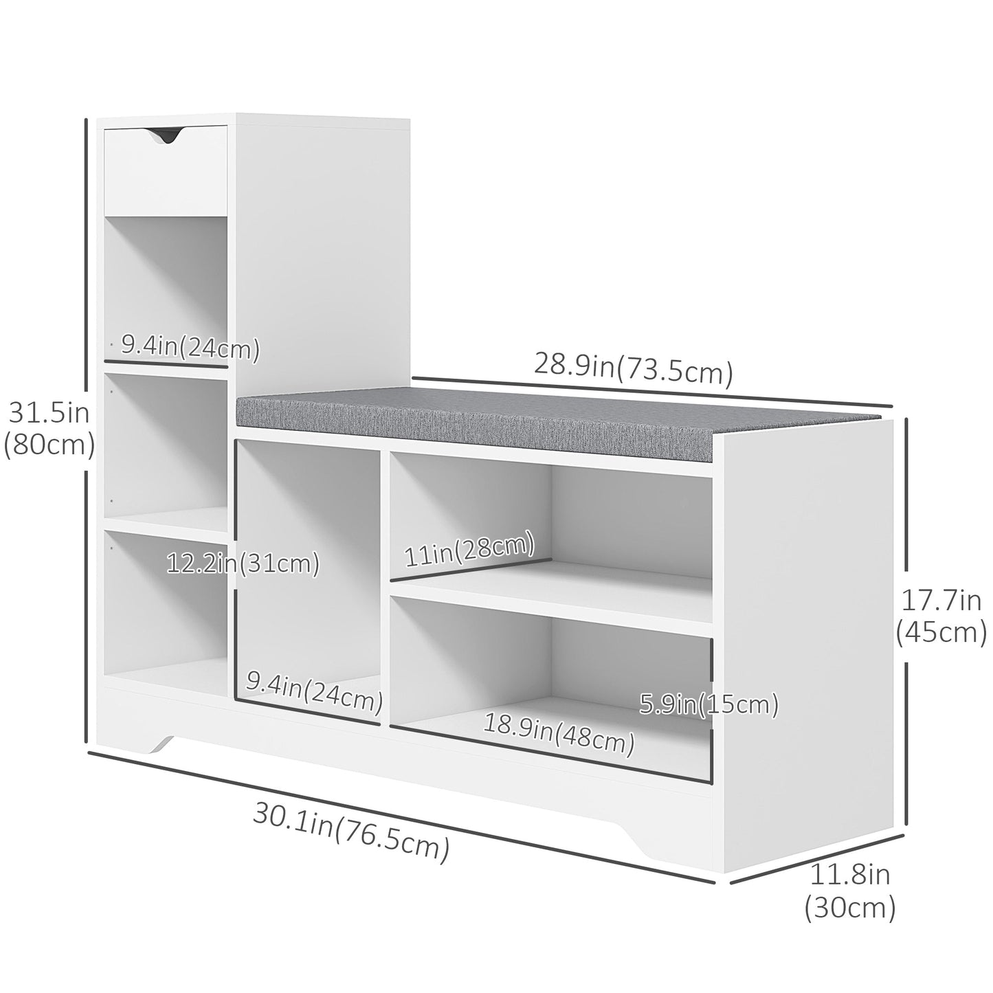 Upholstered Shoe Storage Bench, Shoe Storage with Seat, Entrance Bench with Drawer and 6 Open Shelves for Hallway Shoe Storage Cabinets & Racks   at Gallery Canada