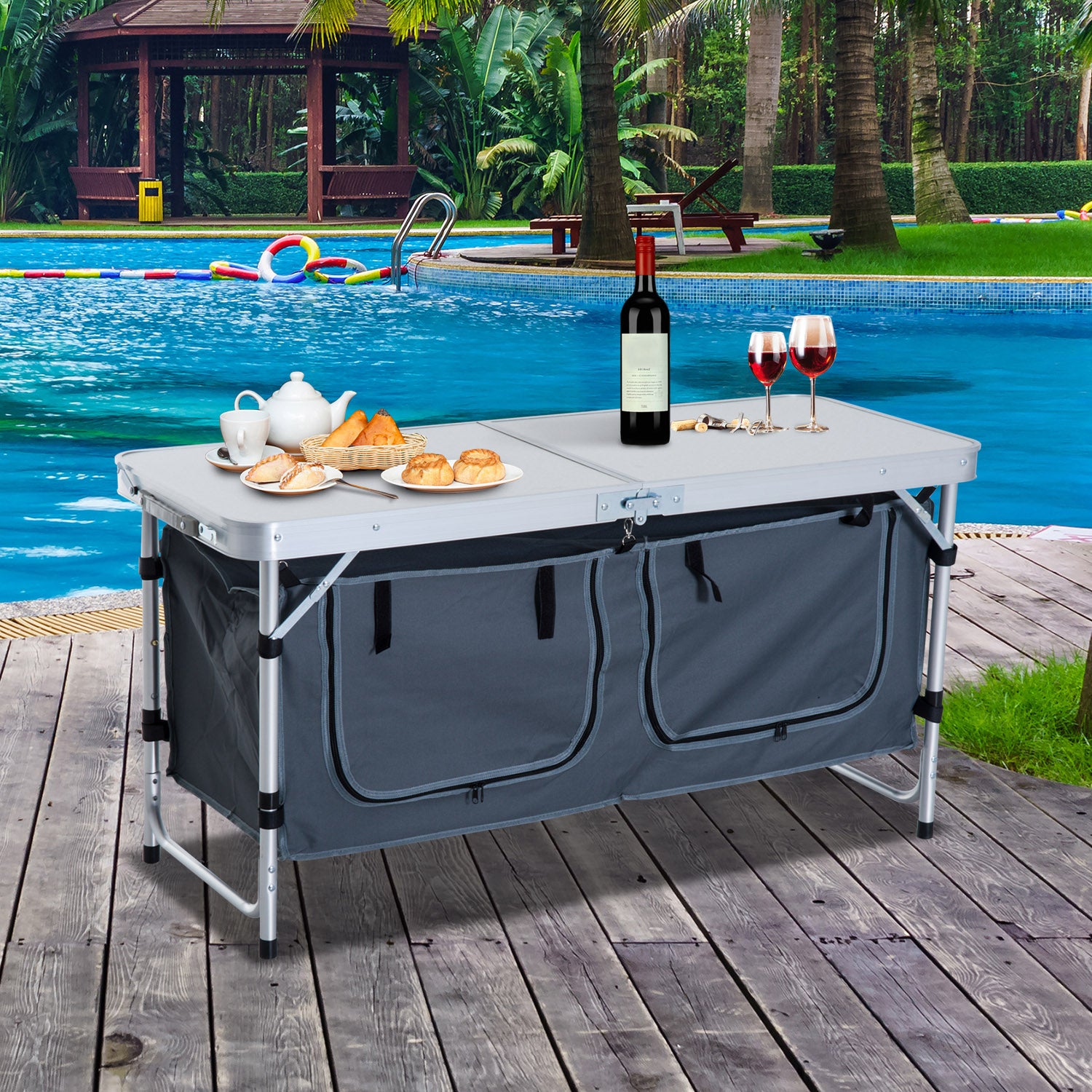 Outdoor Aluminum Folding Picnic Table Height Adjustable with Storage Organizer BBQ Camping Picnic Tables & Camping Chairs at Gallery Canada