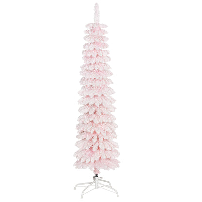 5ft Snow-Flocked Artificial Christmas Tree, Slim Pencil Xmas Tree with 301 Realistic Branches, Metal Base, Pink Pencil Christmas Trees at Gallery Canada