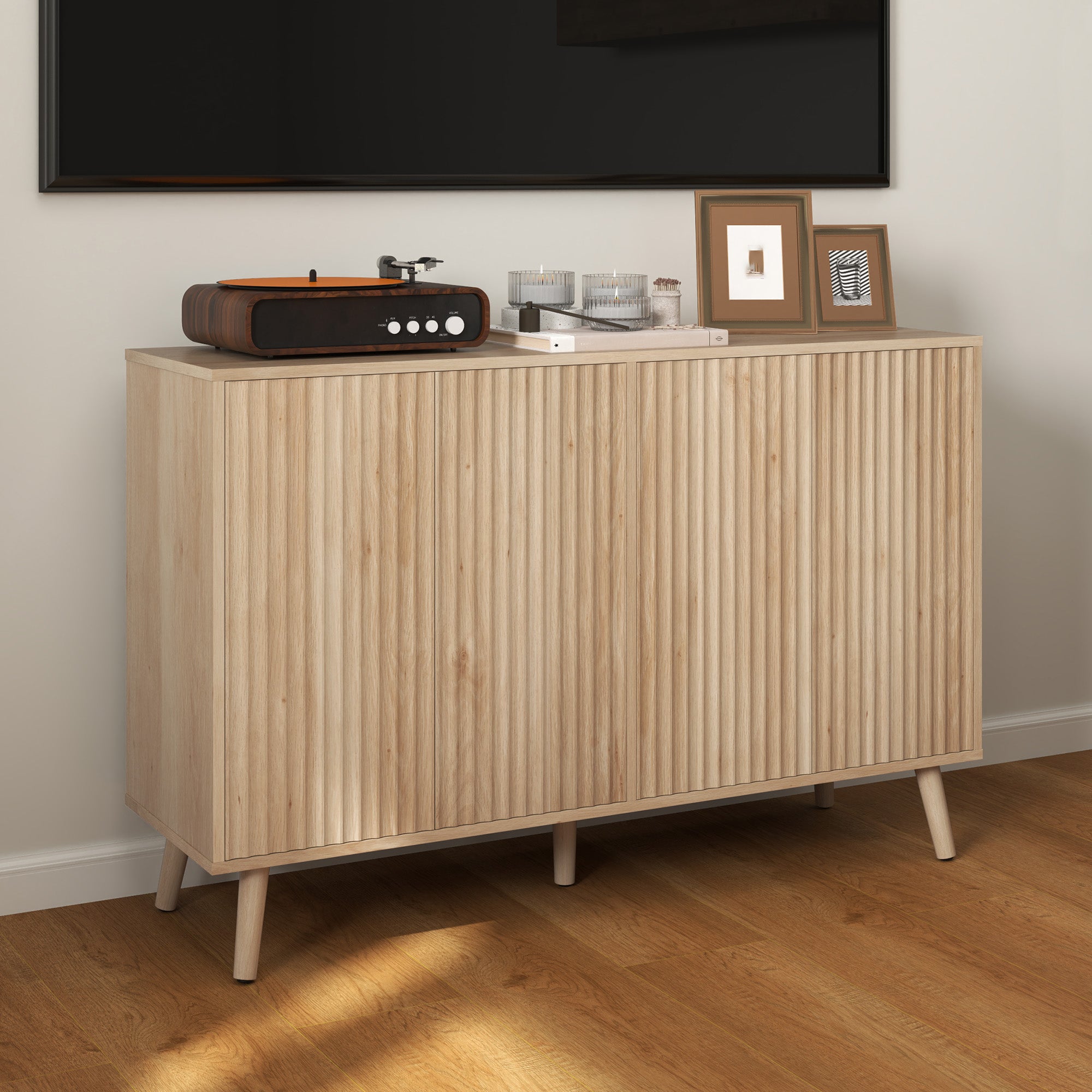 Buffet Cabinet with Storage Modern Fluted Sideboard with Adjustable Shelves Wood Legs for Dining Room Living Room Oak Storage Cabinets at Gallery Canada