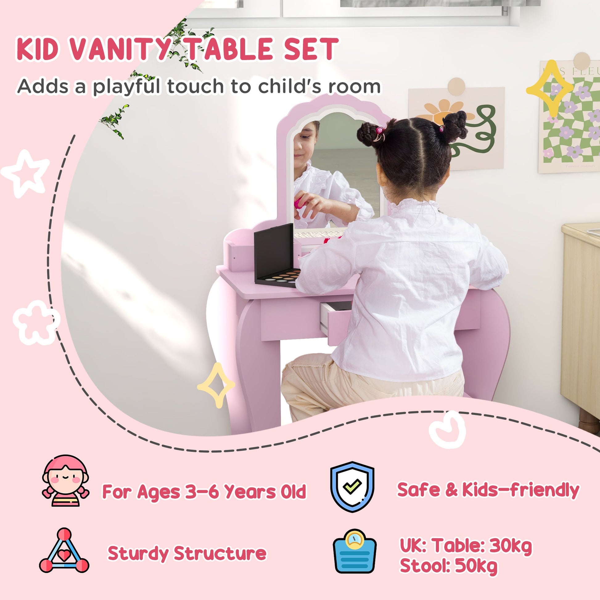 Makeup Vanity with Mirror and Stool, Cloud Design, Drawer, Storage Boxes, for 3-6 Years Old, Pink Toy Vanity   at Gallery Canada