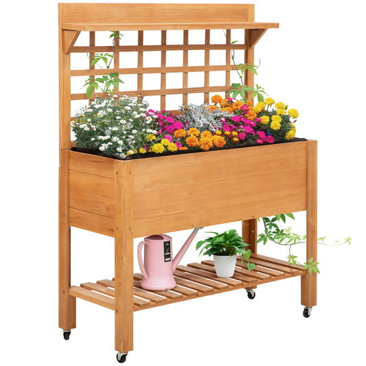 Wooden Raised Garden Bed Planter with Shelf and Wheels, 41.25"x15.75"x53.25", Natural Elevated Garden Beds Natural  at Gallery Canada