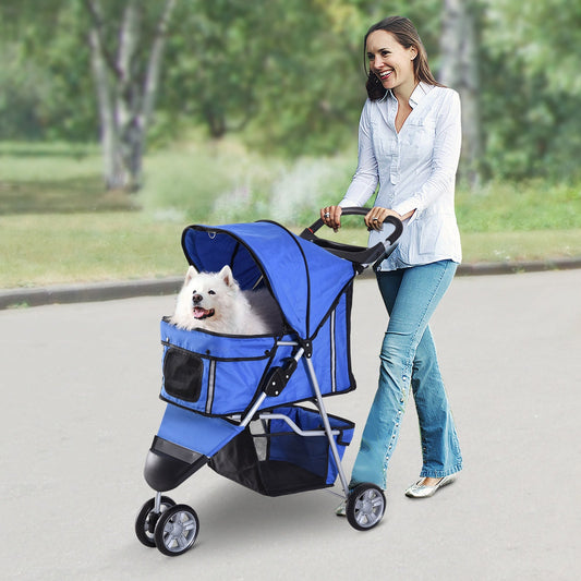 Deluxe 3 Wheels Pet Stroller Foldable Dog Cat Carrier Strolling Jogger with Brake, Canopy, Cup Holders and Bottom Storage Space (Blue) - Gallery Canada