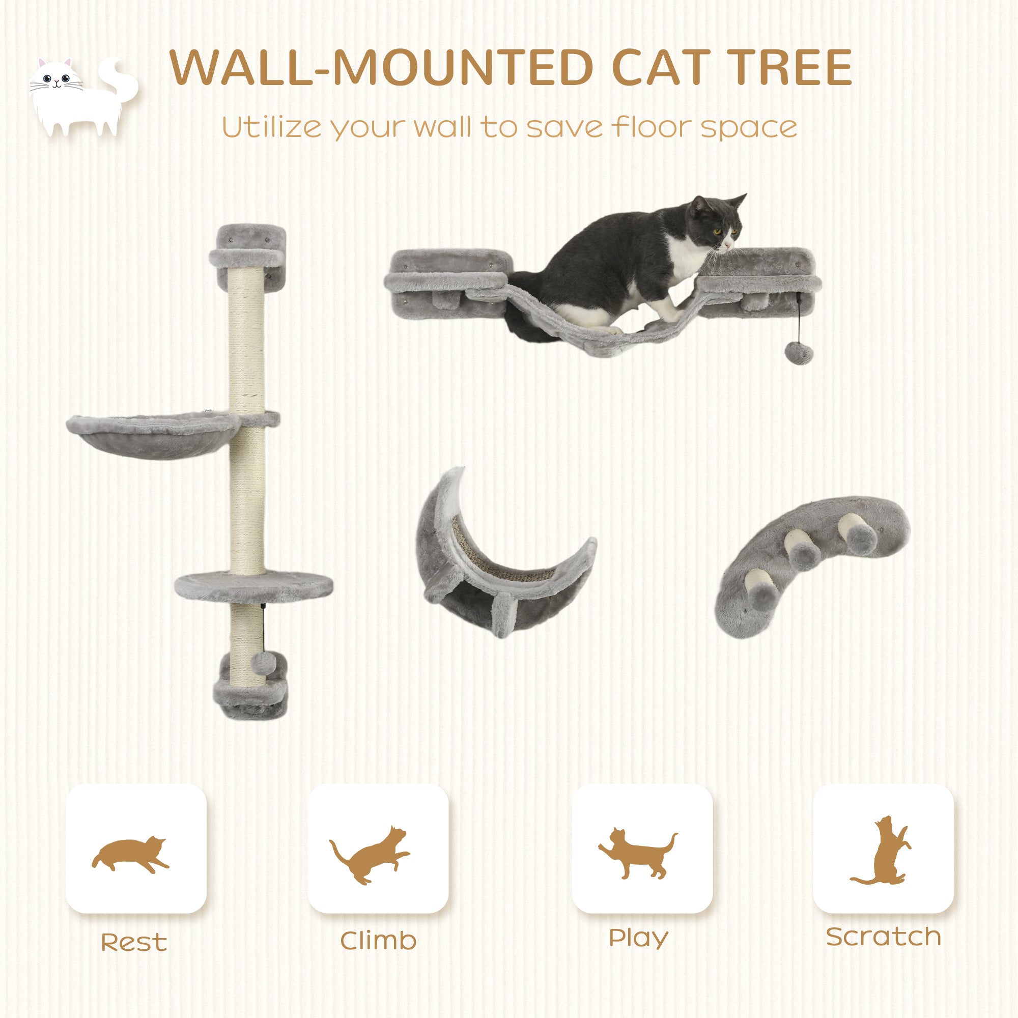 4Pcs Cat Wall Shelf with Scratching Post, Cat Wall Shelves for Relaxing, Climbing, Cat Wall With Soft Ladder, Hammock, Play Balls, Grey Cat Climbing Wall at Gallery Canada