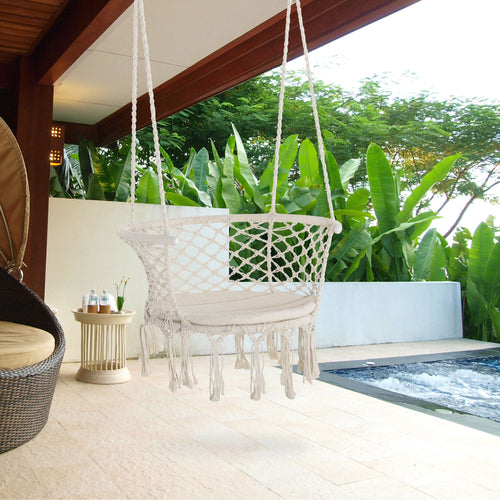 Hanging Hammock Chair, Cotton Rope Porch Hammock Swing with Metal Frame and Cushion, Large Macrame Seat for Patio, Garden, Bedroom, Living Room, Cream White
