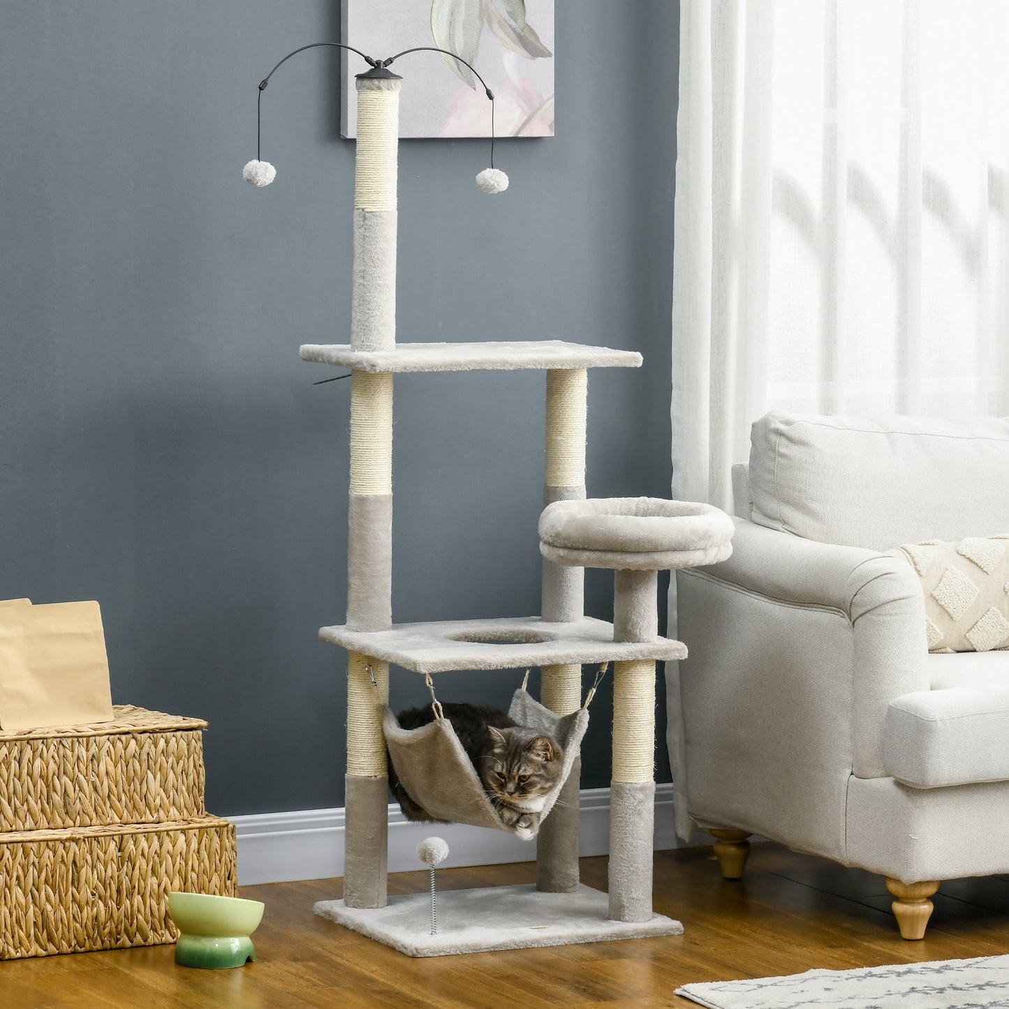 57.5" Cat Tree for Indoor Cats with Scratching Posts, Cat Condo with Hammock, Bed, Toys, Grey Cat Towers   at Gallery Canada