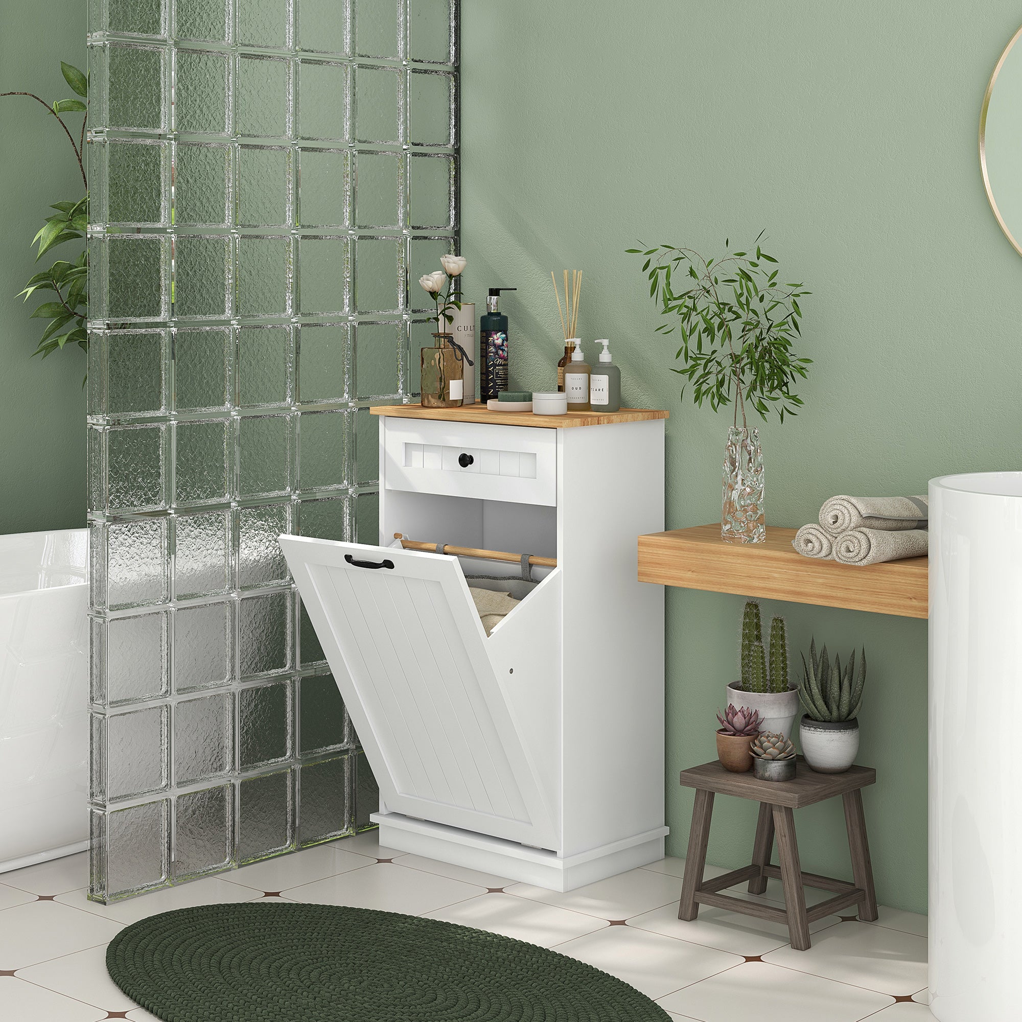Laundry Cabinet with Removable Basket and Drawer, Tilt-Out Laundry Hamper for Bathroom, Living Room, White Bathroom Cabinets at Gallery Canada