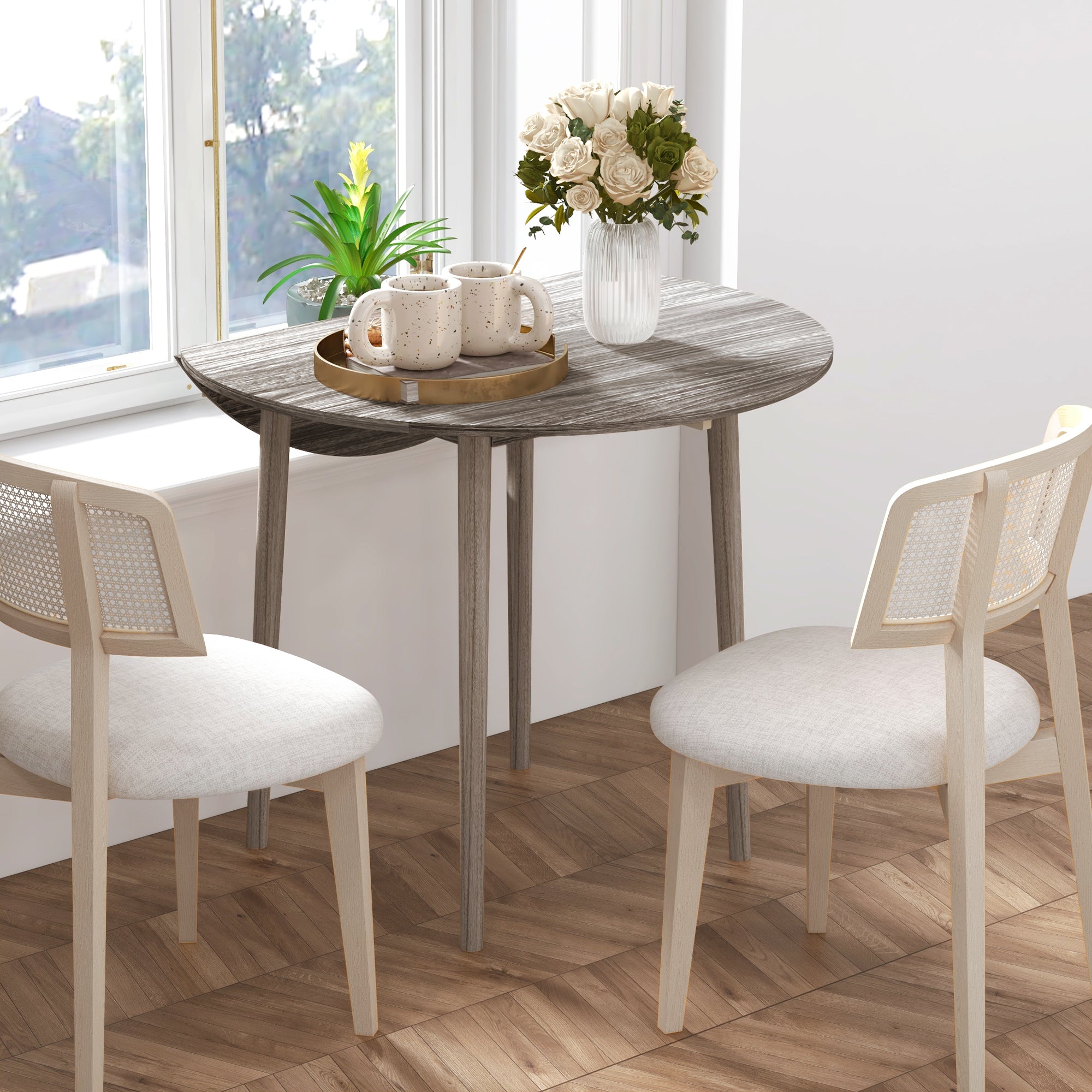 Folding Dining Table, Round Drop Leaf Kitchen Table for Small Spaces with Wood Legs, Distressed Grey Bar Tables & Dining Tables at Gallery Canada