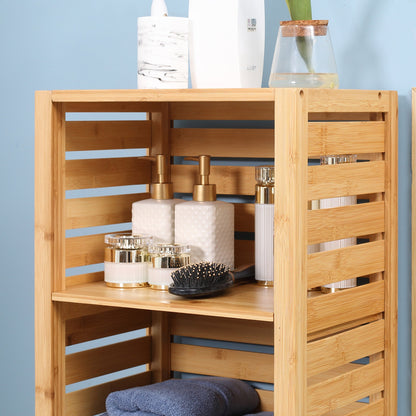 Tall Bathroom Storage Cabinet with 3 Open Shelves, Slim Bamboo Linen Tower Freestanding Linen Towel with Slatted Door, Natural Bathroom Cabinets   at Gallery Canada