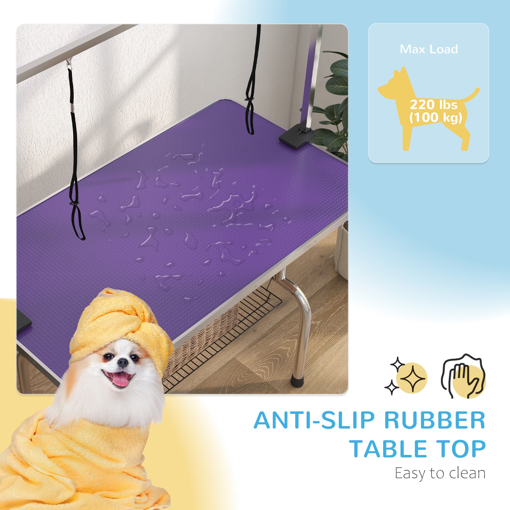 Adjustable Dog Grooming Table with 2 Safety Slings, Storage Basket, Purple Dog Grooming Tables   at Gallery Canada