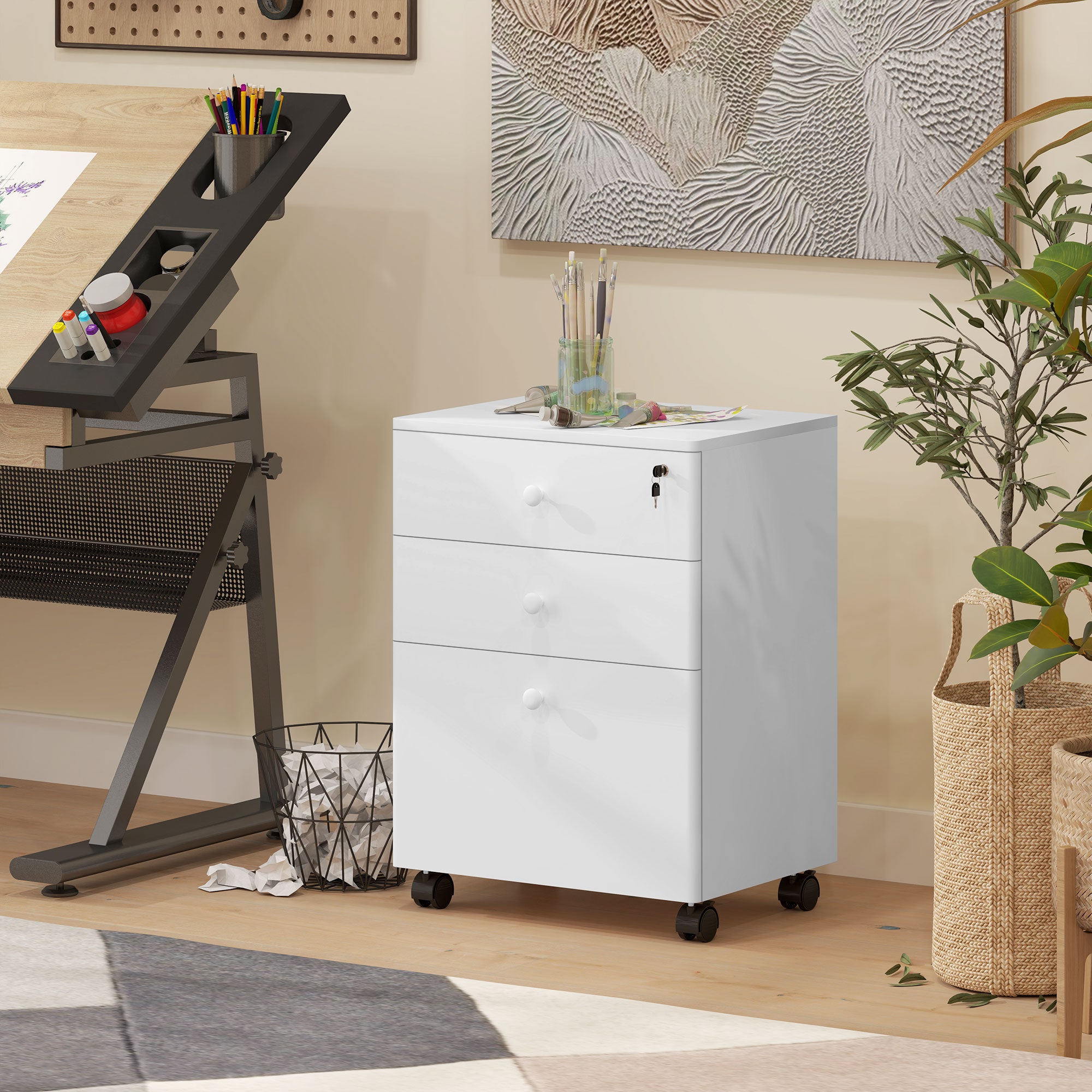 3-Drawer Small Filing Cabinet with Lock, Vertical Office Storage Cabinet with Wheels for Home Office, White Office Cabinets & Cupboards   at Gallery Canada