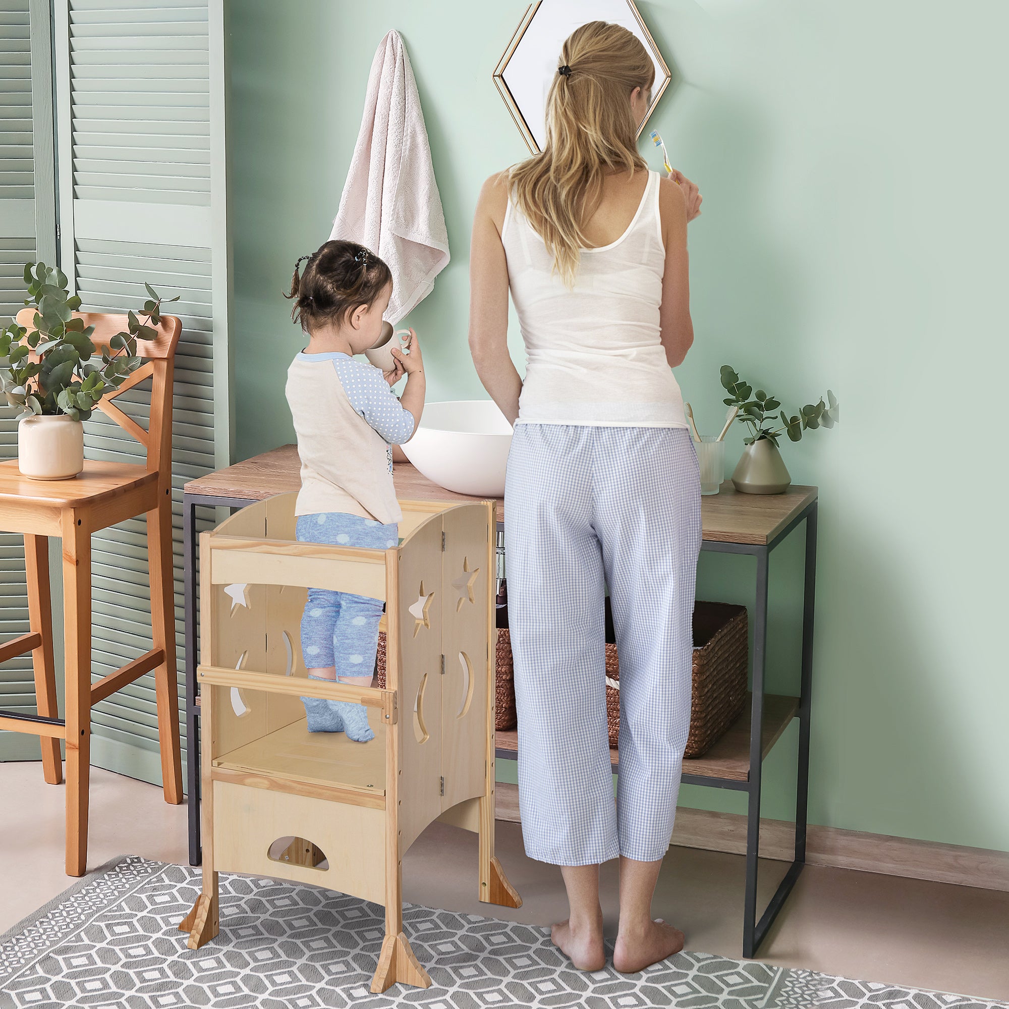 Folding Toddler Tower, Kitchen Helper Step Stool with Support Handles, Safety Rail and Non-Slip Strips, for Kids Washroom Dining Room Learning, Natural Toddler & Kids Step Stools at Gallery Canada