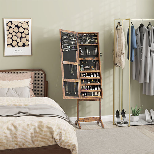 Lockable Jewelry Armoire with LED Light, Standing Mirror with Storage for Bedroom Dressing Room, Rustic Brown