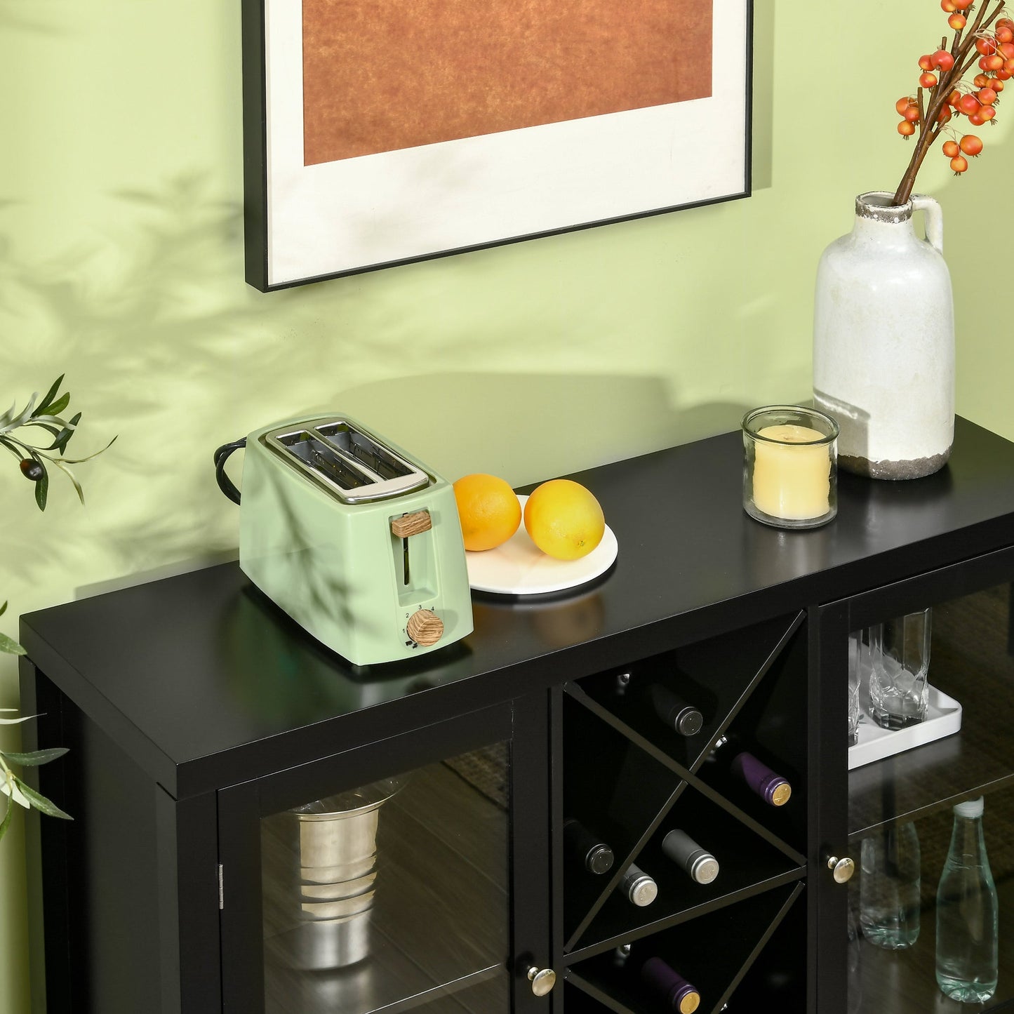 Modern Kitchen Sideboard Buffet with Wine Rack, Glass Doors, Adjustable Shelves, Black Bar Cabinets   at Gallery Canada