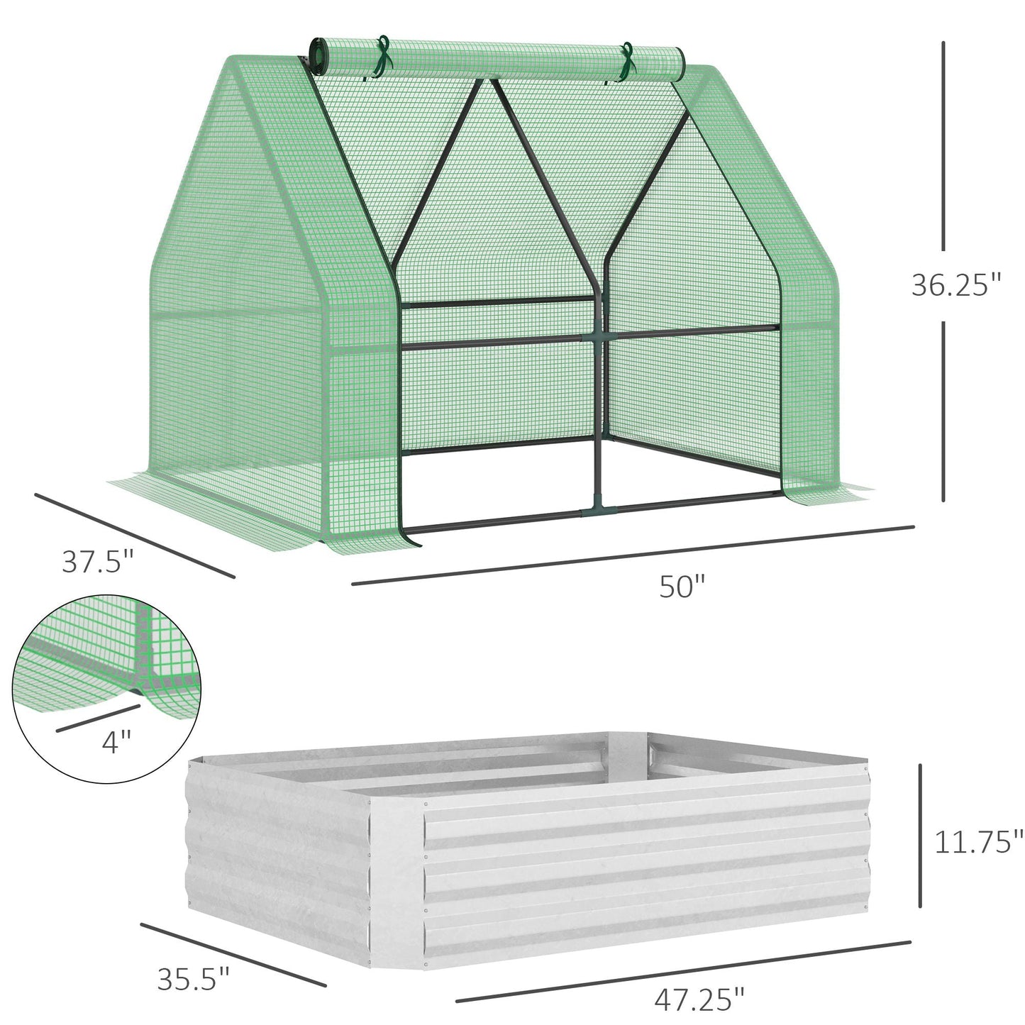 Steel Outdoor Raised Garden Bed with Greenhouse,Cover, Roll Up Door, Dual Use, 50"x37.4"x36.2", Green Mini Greenhouses   at Gallery Canada