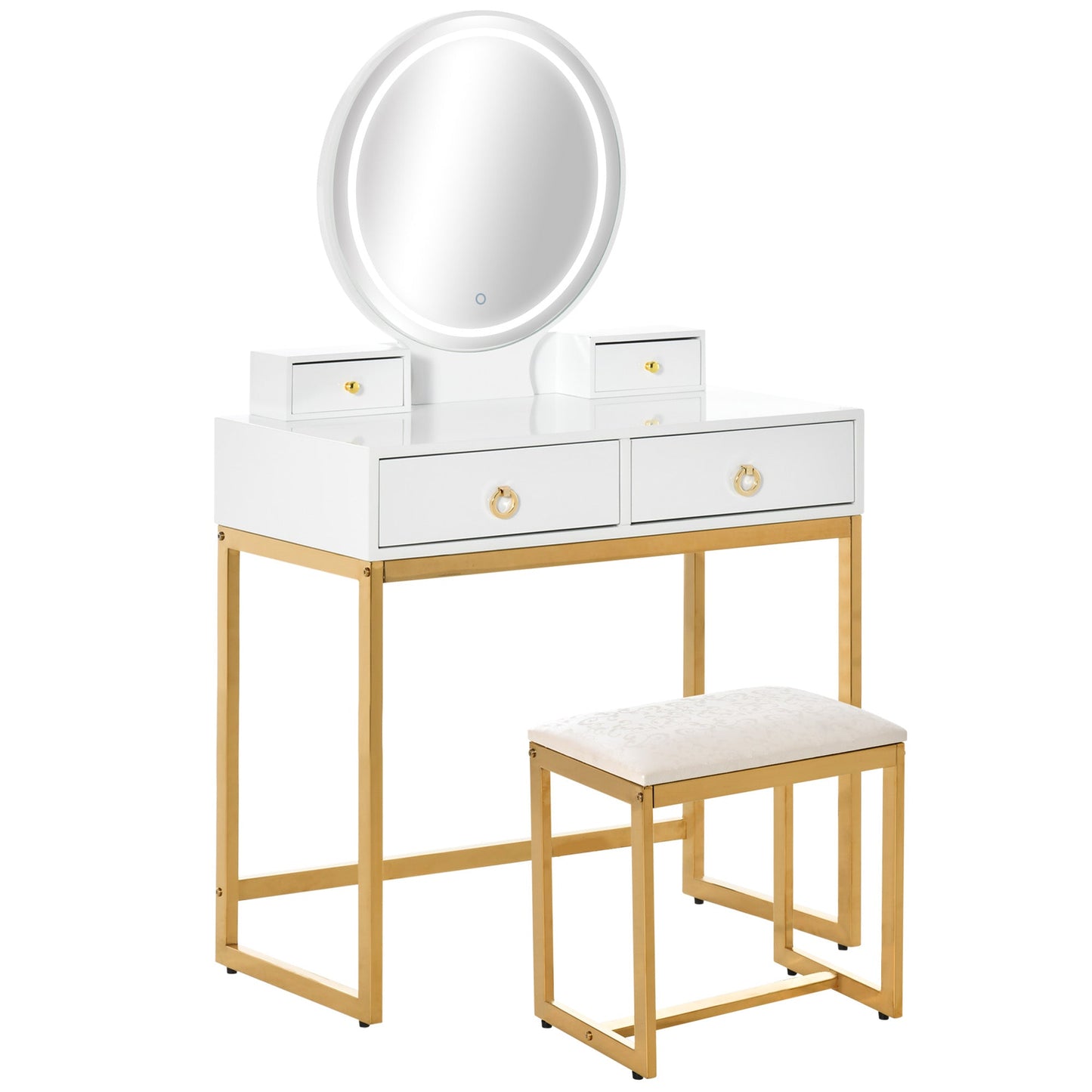 Makeup Vanity Table Set with 3-Color Touch Screen Dimmable Lighted Mirror, Dressing Desk with 4 Drawers and Cushioned Stool for Bedroom, White Dressing & Vanity Tables   at Gallery Canada